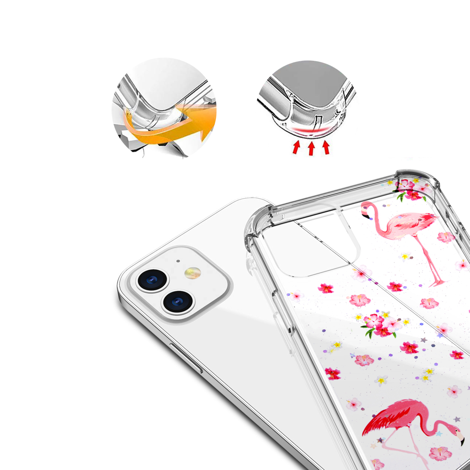 Custodia trasparente per telefono con design di fenicottero. Su sfondo bianco.