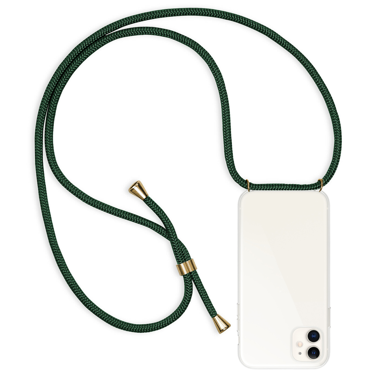 Un telefono in una custodia trasparente con un cordino di corda verde. La corda è ad anello e attaccata alla custodia.