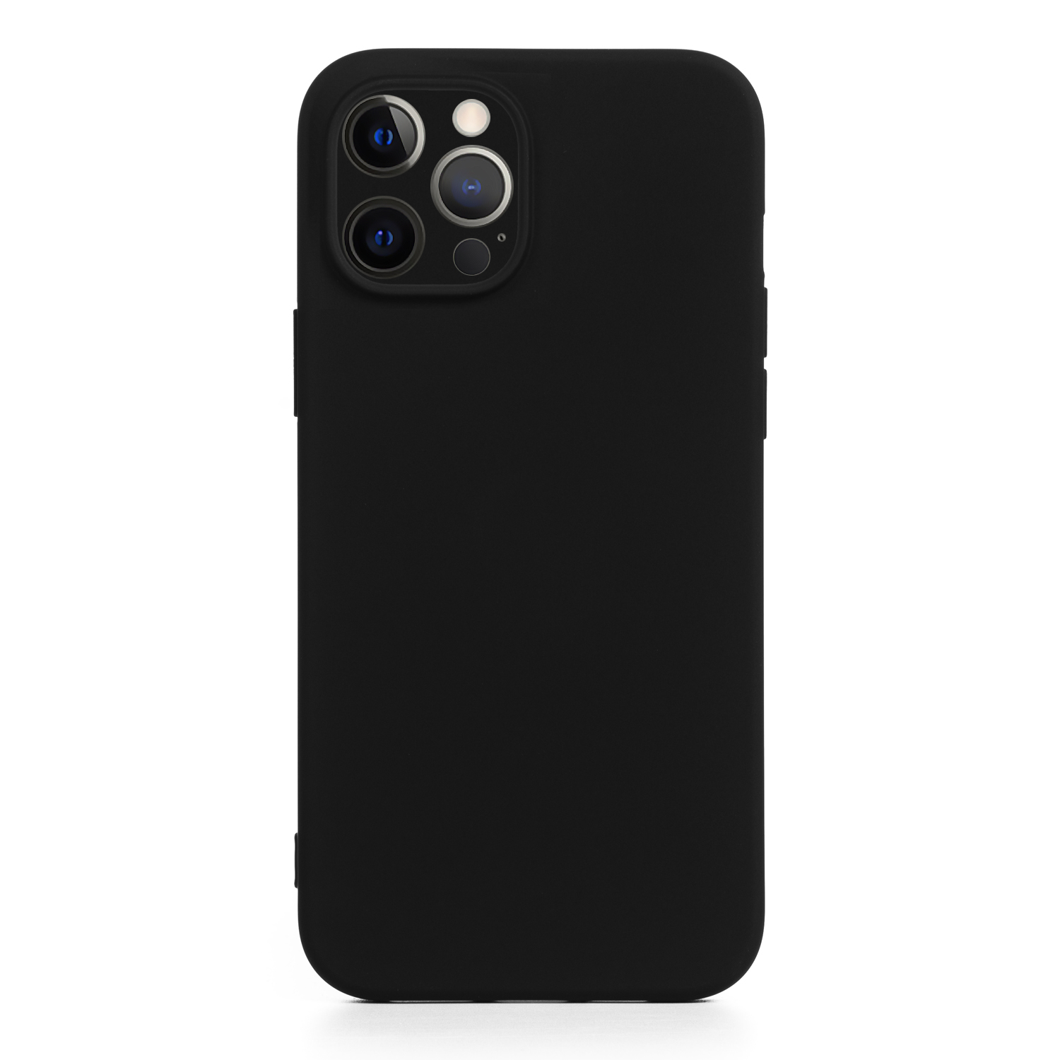 Custodia nera per telefono con ritagli per la fotocamera. Superficie nera.