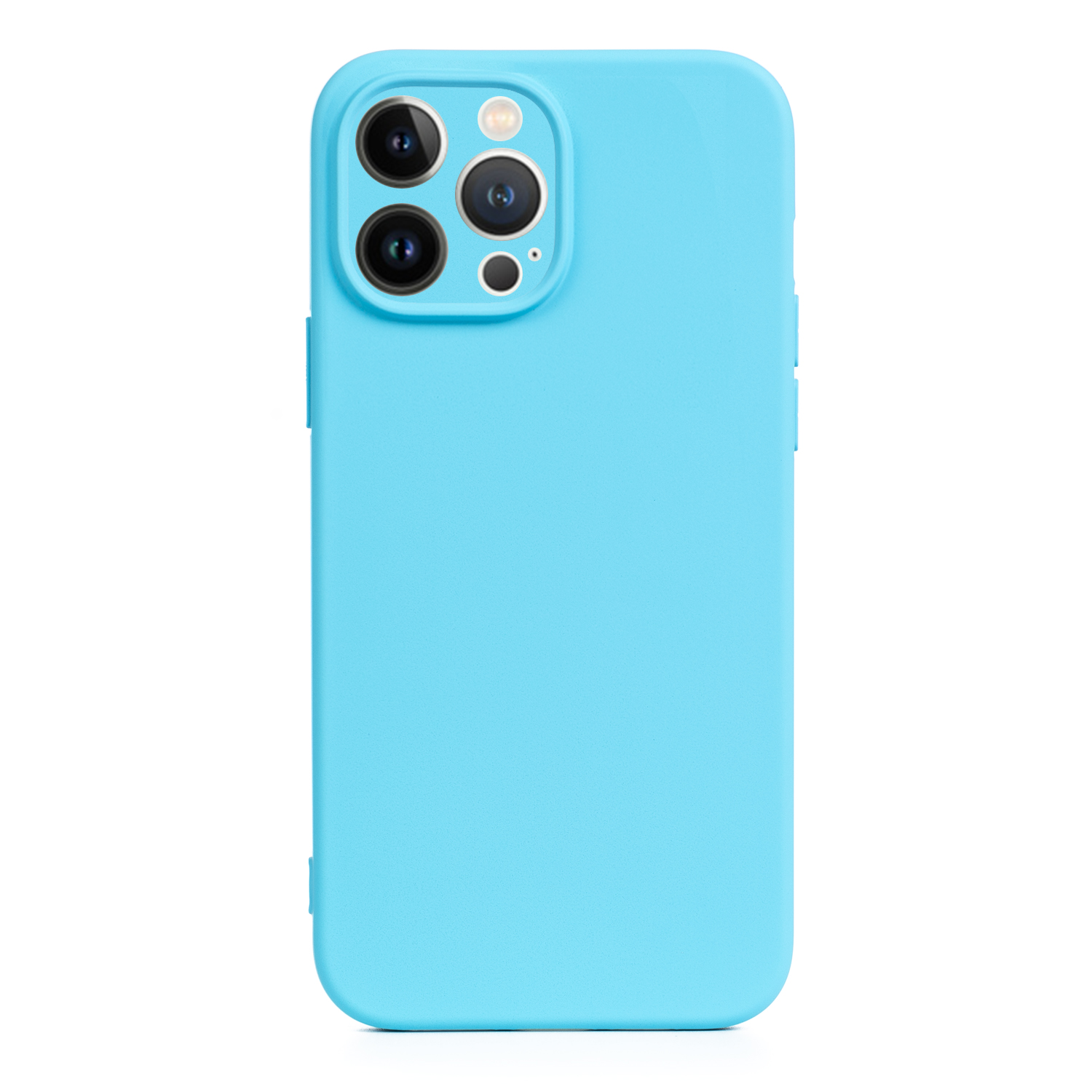 Una custodia per iPhone blu brillante con tre obiettivi della fotocamera.