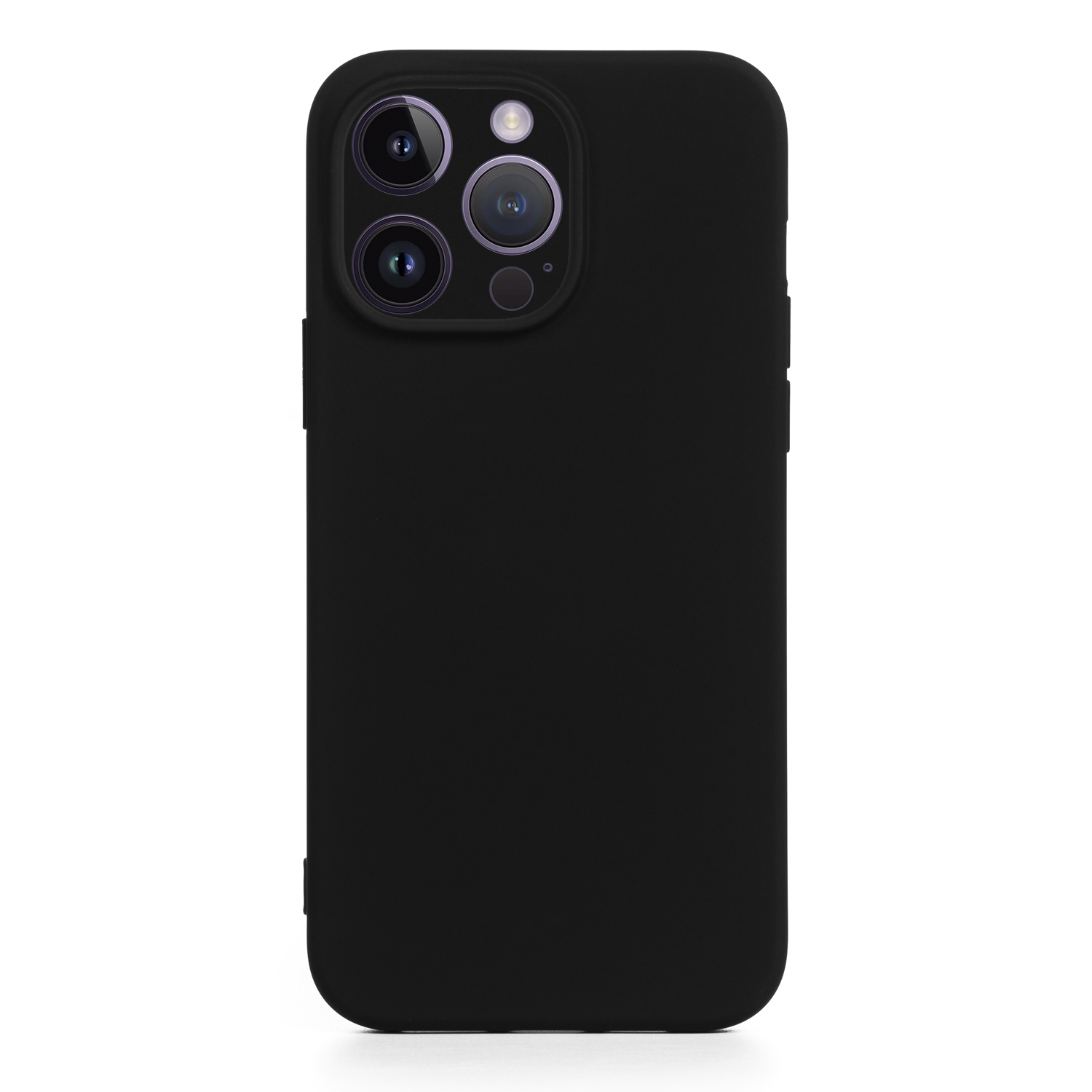 Una custodia nera per telefono con tre obiettivi della fotocamera. È su uno sfondo bianco.