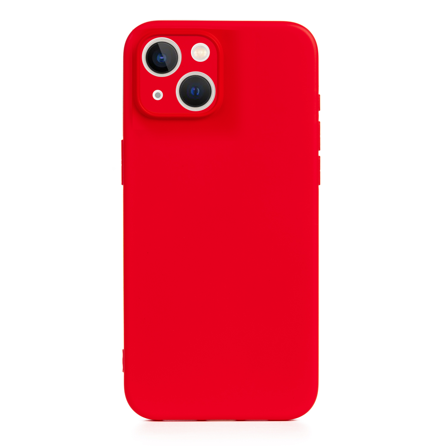 Una custodia per telefono rossa con area fotocamera nera, visibile su sfondo bianco.