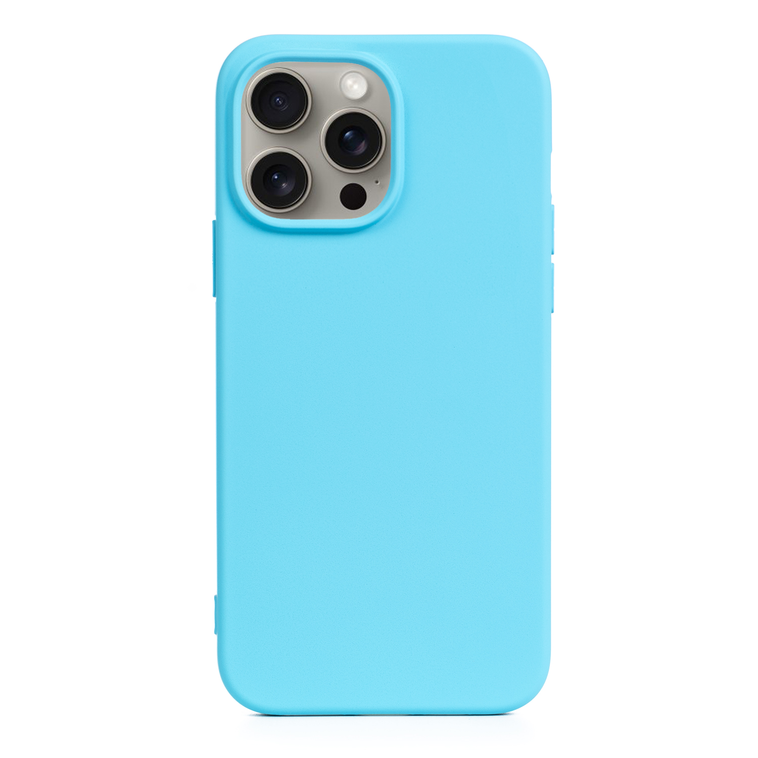 Custodia per telefono blu. Il telefono ha fotocamere. Sfondo bianco.
