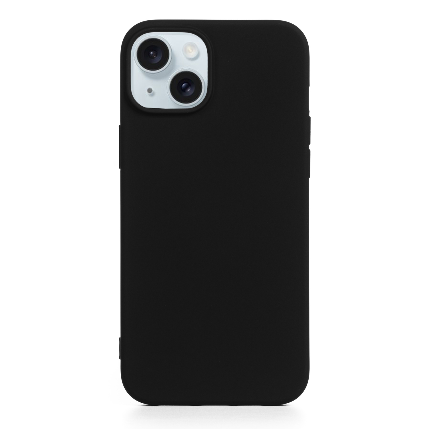 Una custodia nera per telefono con un rilievo per la fotocamera su sfondo bianco.
