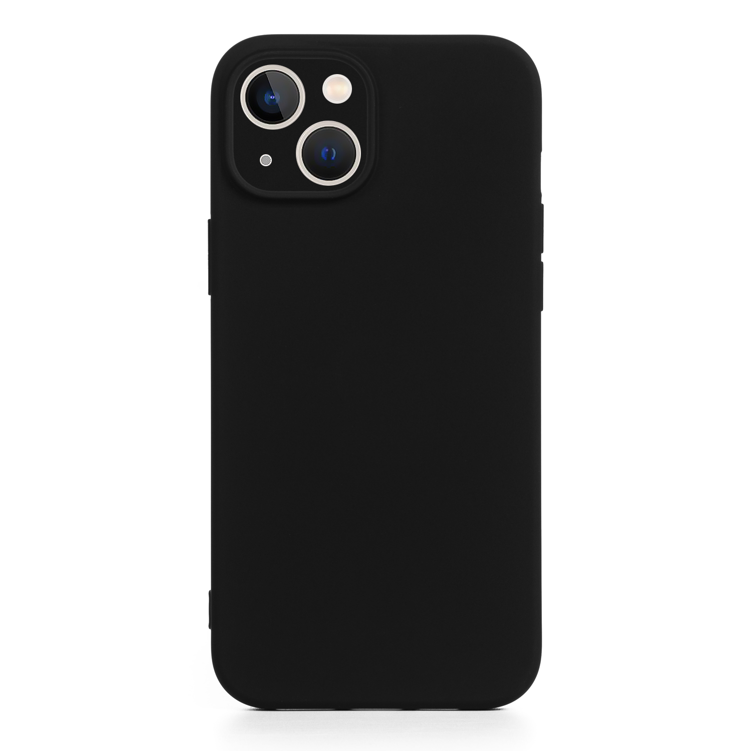 Custodia per telefono nera, vista posteriore. Ha due lenti della fotocamera e una superficie nera.