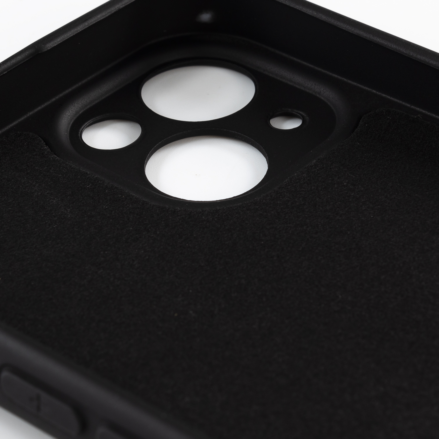 Interno di una custodia nera, che mostra aperture per fotocamera e pulsanti, e l'interno morbido.
