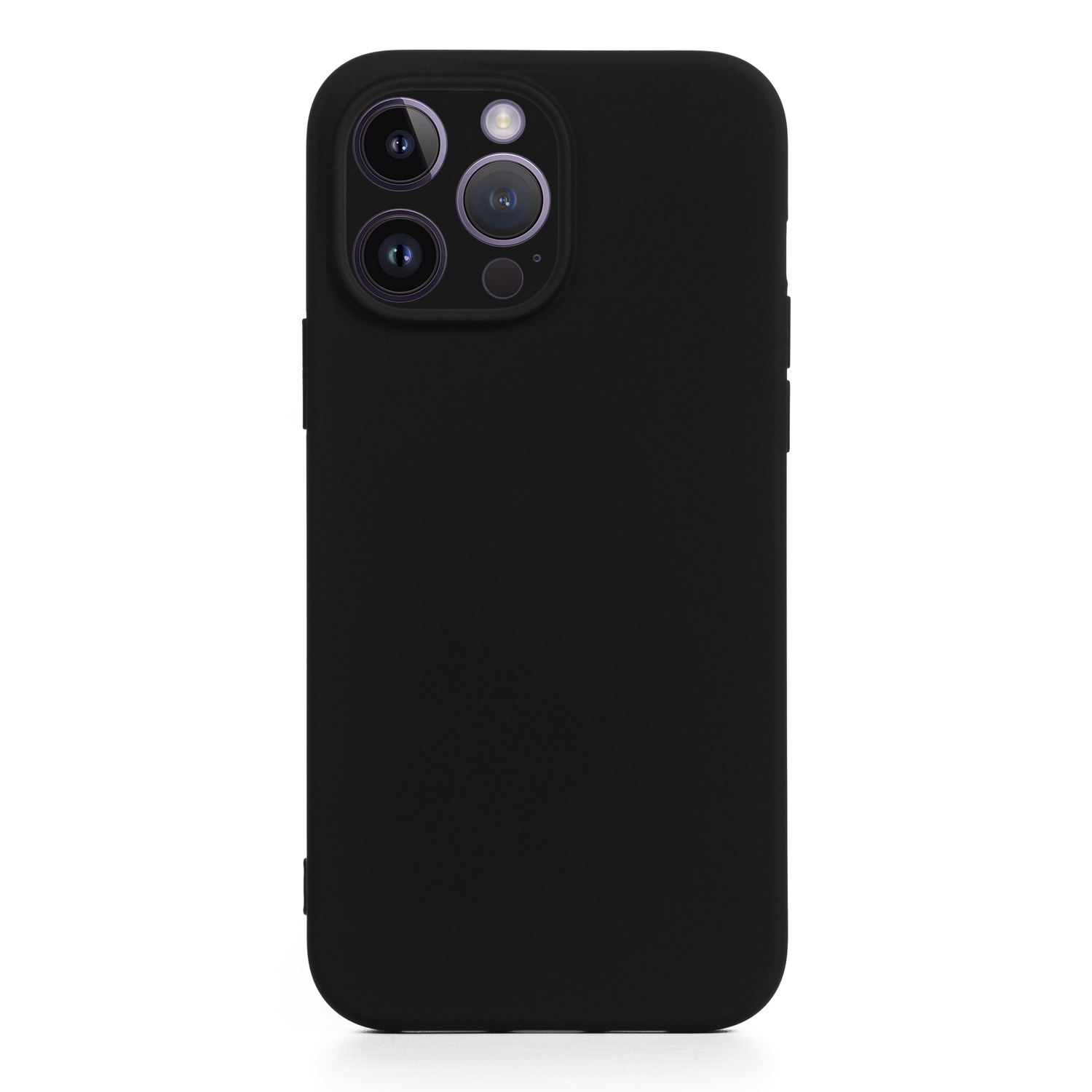 Una custodia nera per telefono con tre obiettivi della fotocamera. È su uno sfondo bianco.