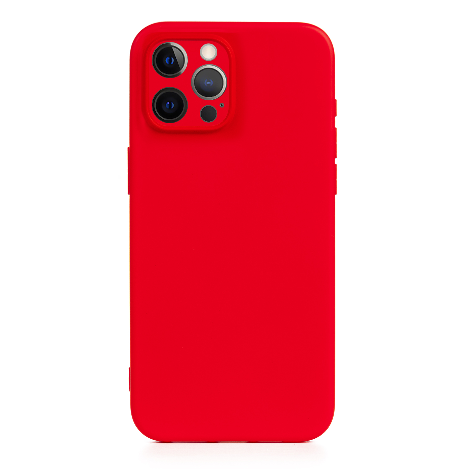 Una custodia rossa per telefono con tre fotocamere su sfondo bianco.