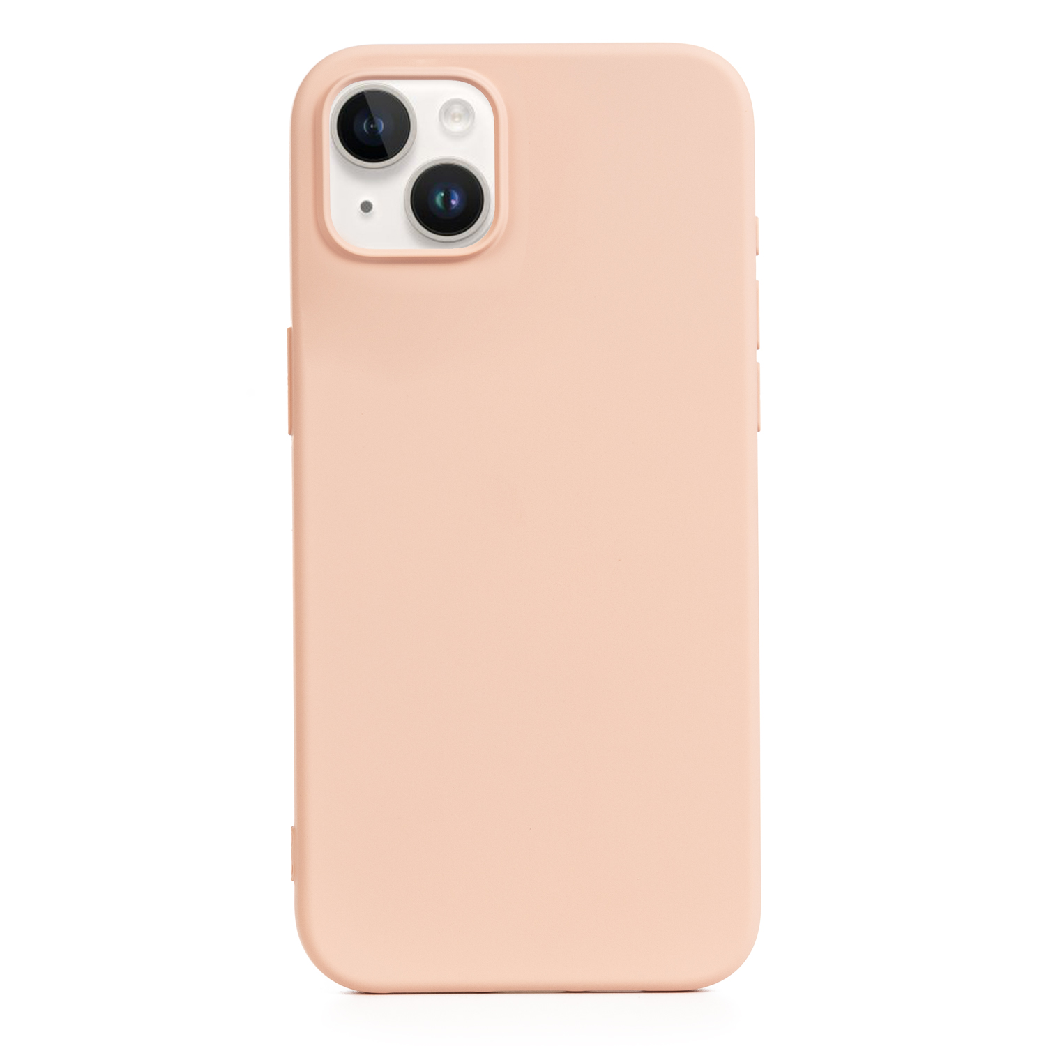 Custodia per telefono color pesca. Ha due fotocamere. Sfondo bianco.