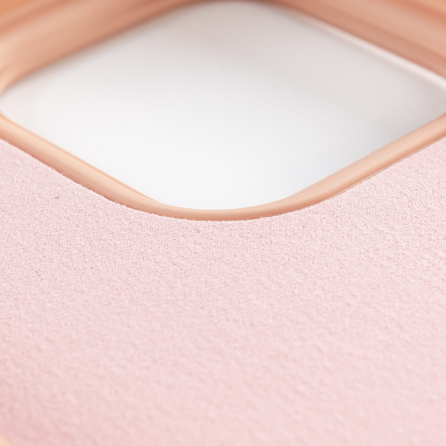 Primo piano dell'interno di una custodia rosa con sfondo bianco.