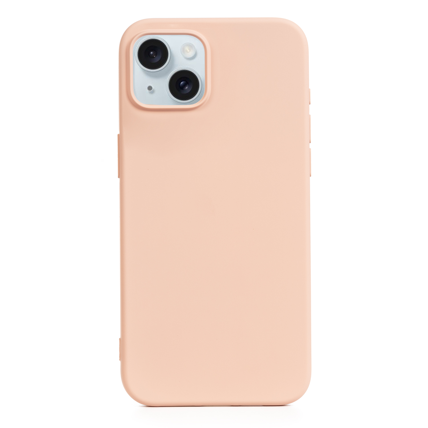 Una custodia per telefono color pesca con due obiettivi su sfondo bianco.