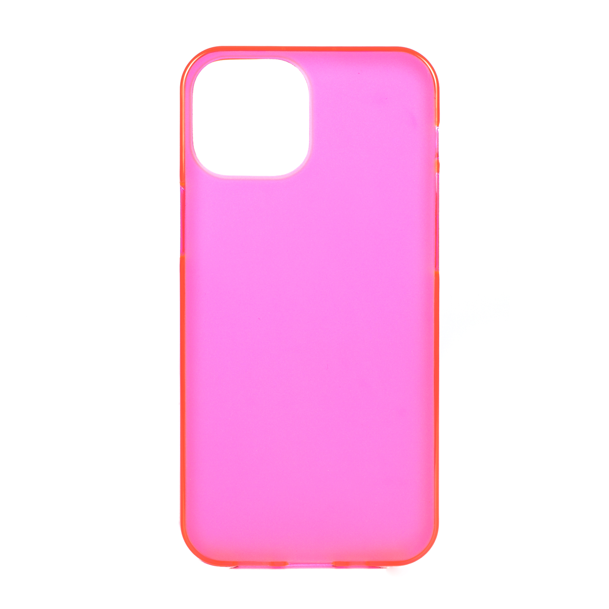 Una custodia per telefono rosa acceso con un bordo arancione su sfondo bianco.