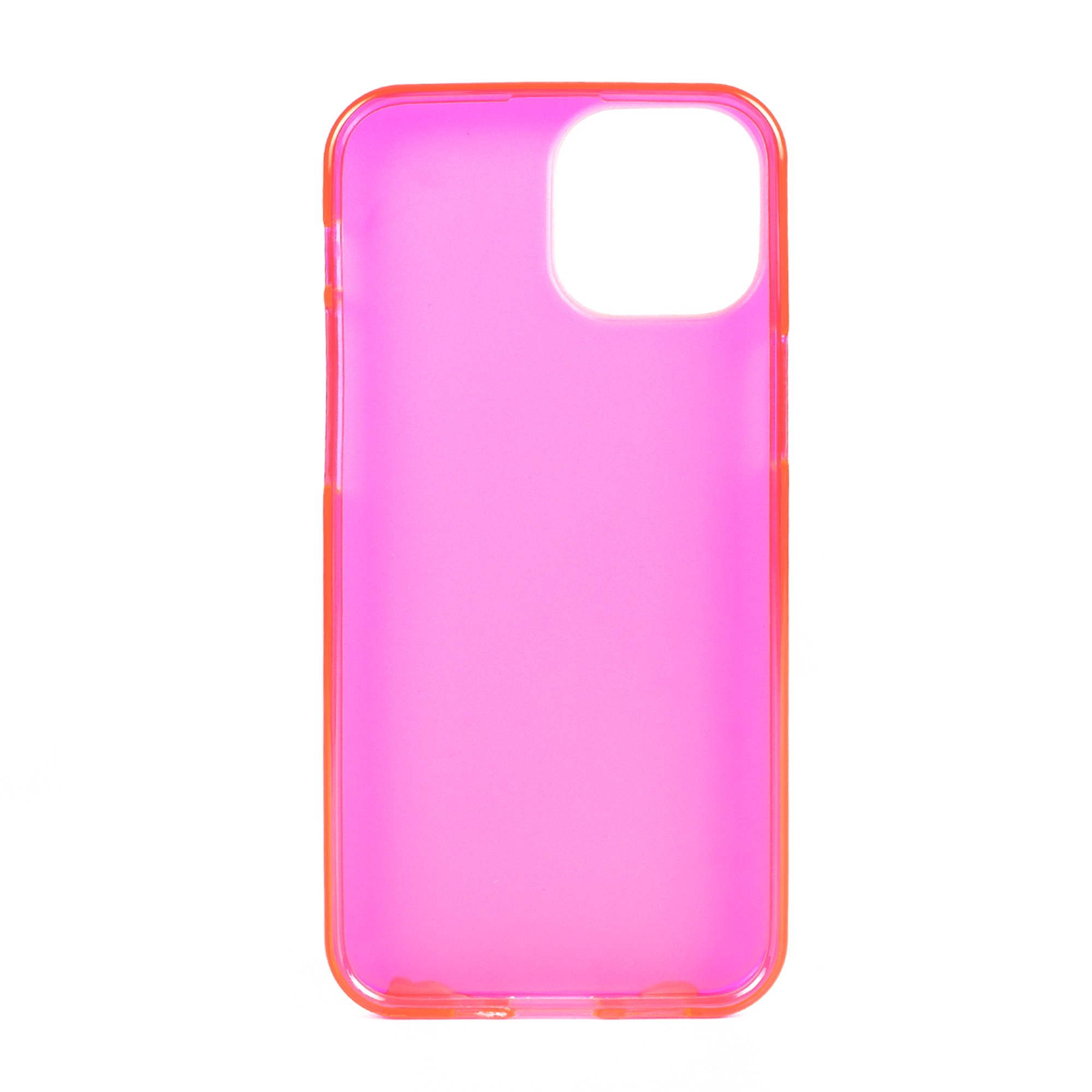 Una custodia per telefono rosa brillante con bordo arancione, su una superficie bianca.