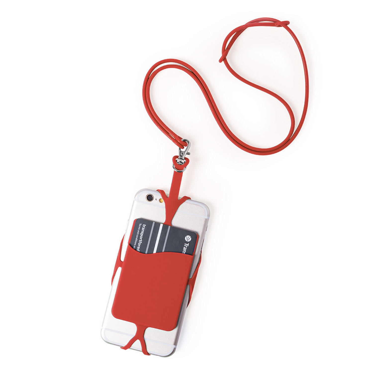 Eine rote Handyhülle mit Umhängeband, die ein Telefon und eine Karte hält.