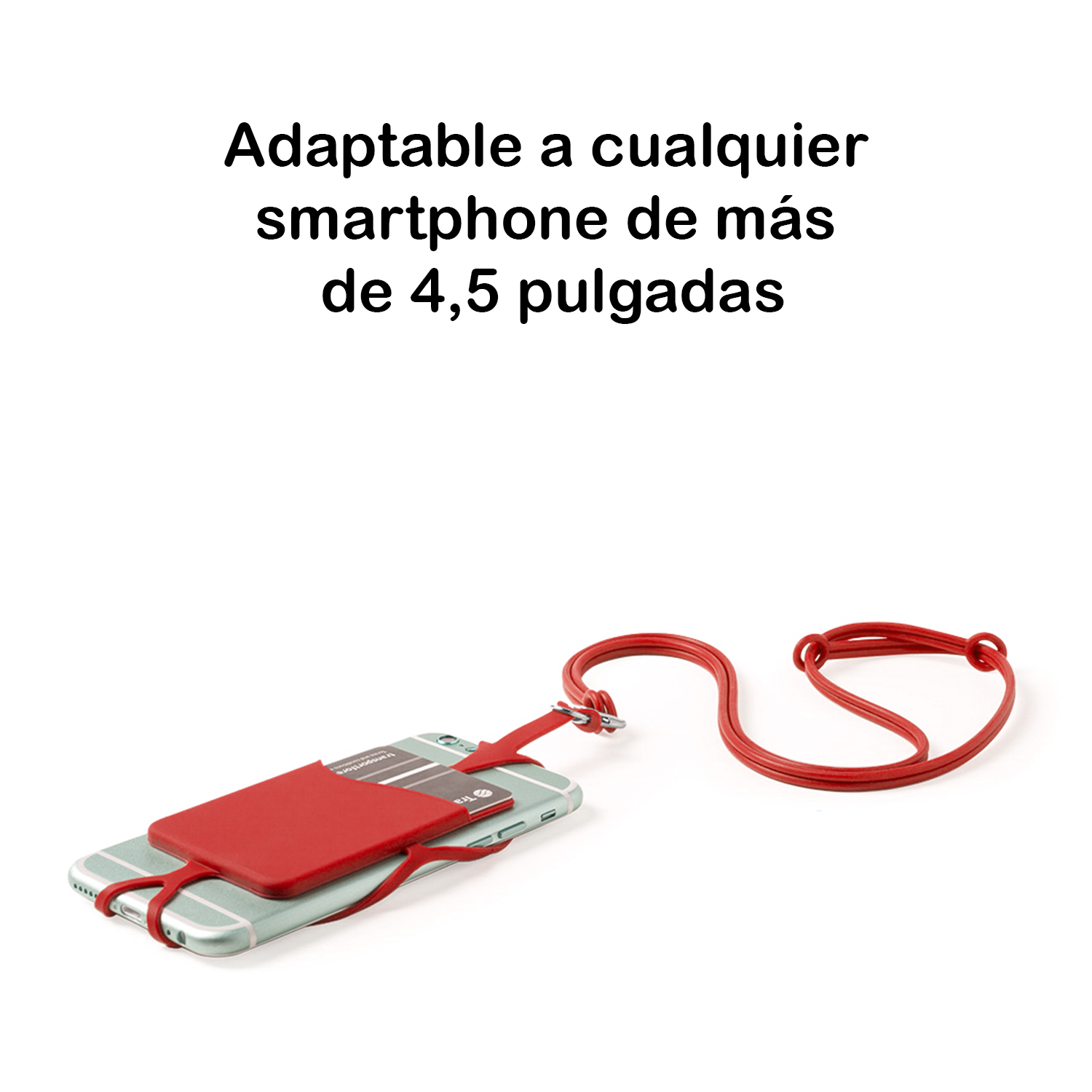 Rotes Telefon mit Riemen. Weißer Hintergrund. Text: Anpassbar an jedes Smartphone über 4,5 Zoll.