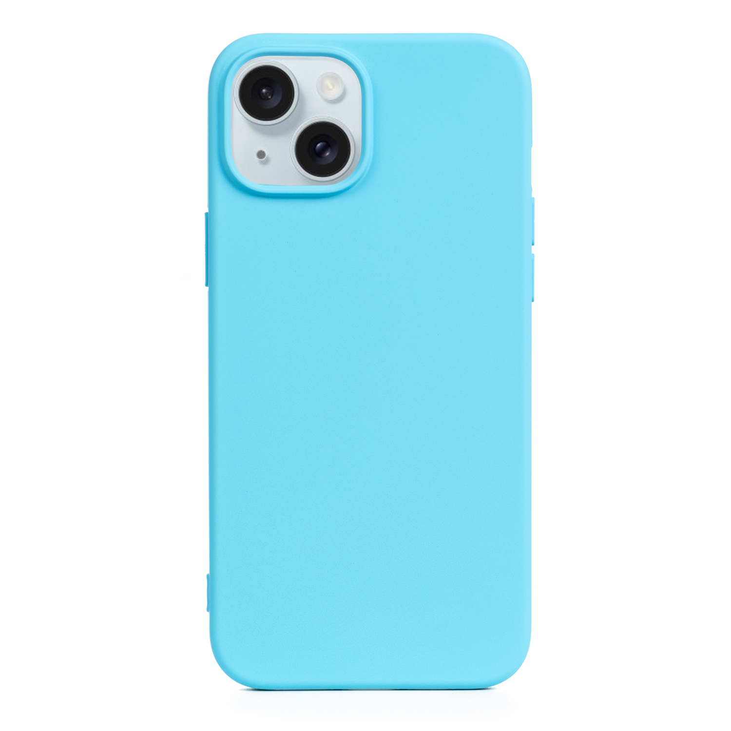 Una custodia per telefono verde acqua con un'ammaccatura per la fotocamera. La custodia è su sfondo bianco.
