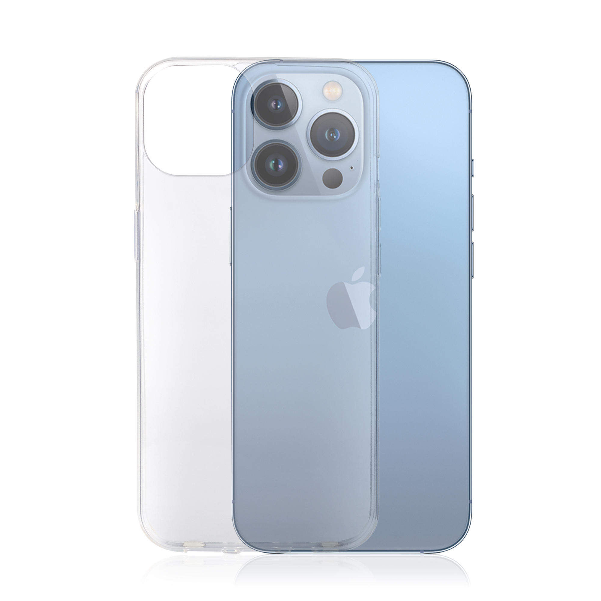 Custodia trasparente su telefono blu. Il telefono ha tre fotocamere.