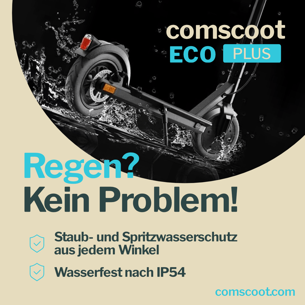 Ein E-Roller im Regen, mit Text "Regen? Kein Problem!" und darunter aufgelisteten Merkmalen.