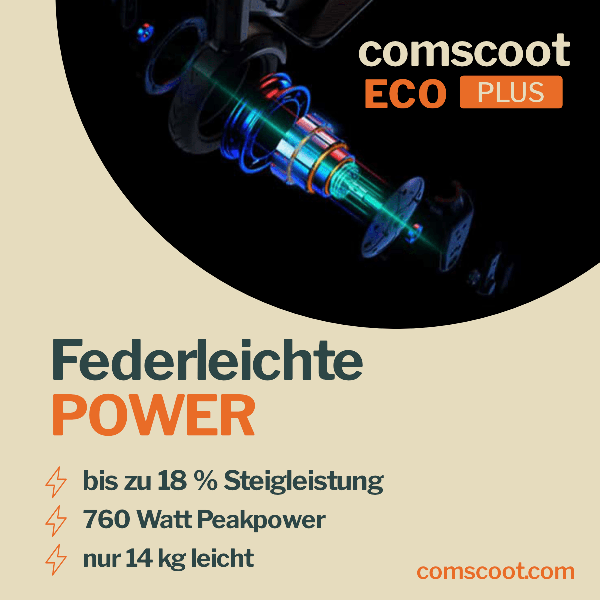 Schwarz-orange Textanzeige für einen Elektroroller mit technischen Daten, Motordetails und Markenname.