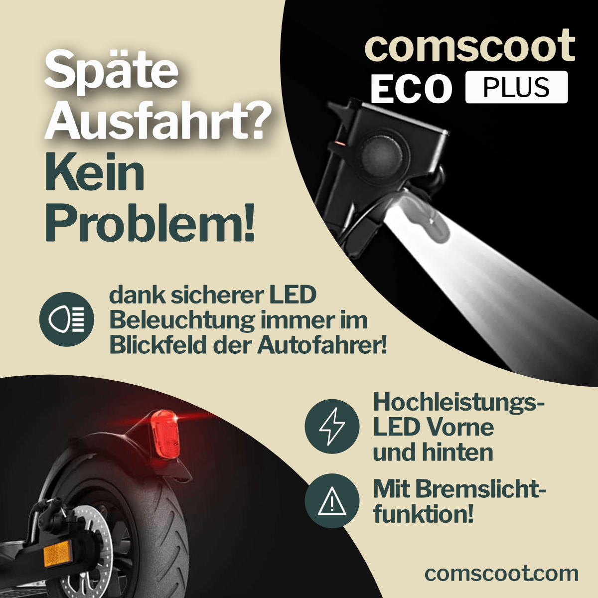 Eine Werbung für einen Roller mit Text und Symbolen, die Sicherheitsmerkmale zeigen.