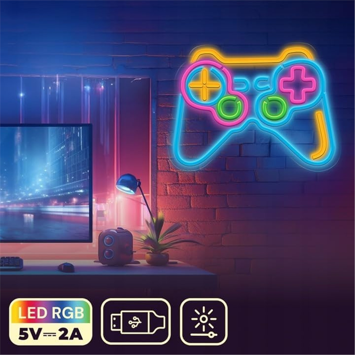 Neon-Gamepad an Backsteinmauer. Schreibtisch mit Monitor und Lampe, LED RGB-Icons.