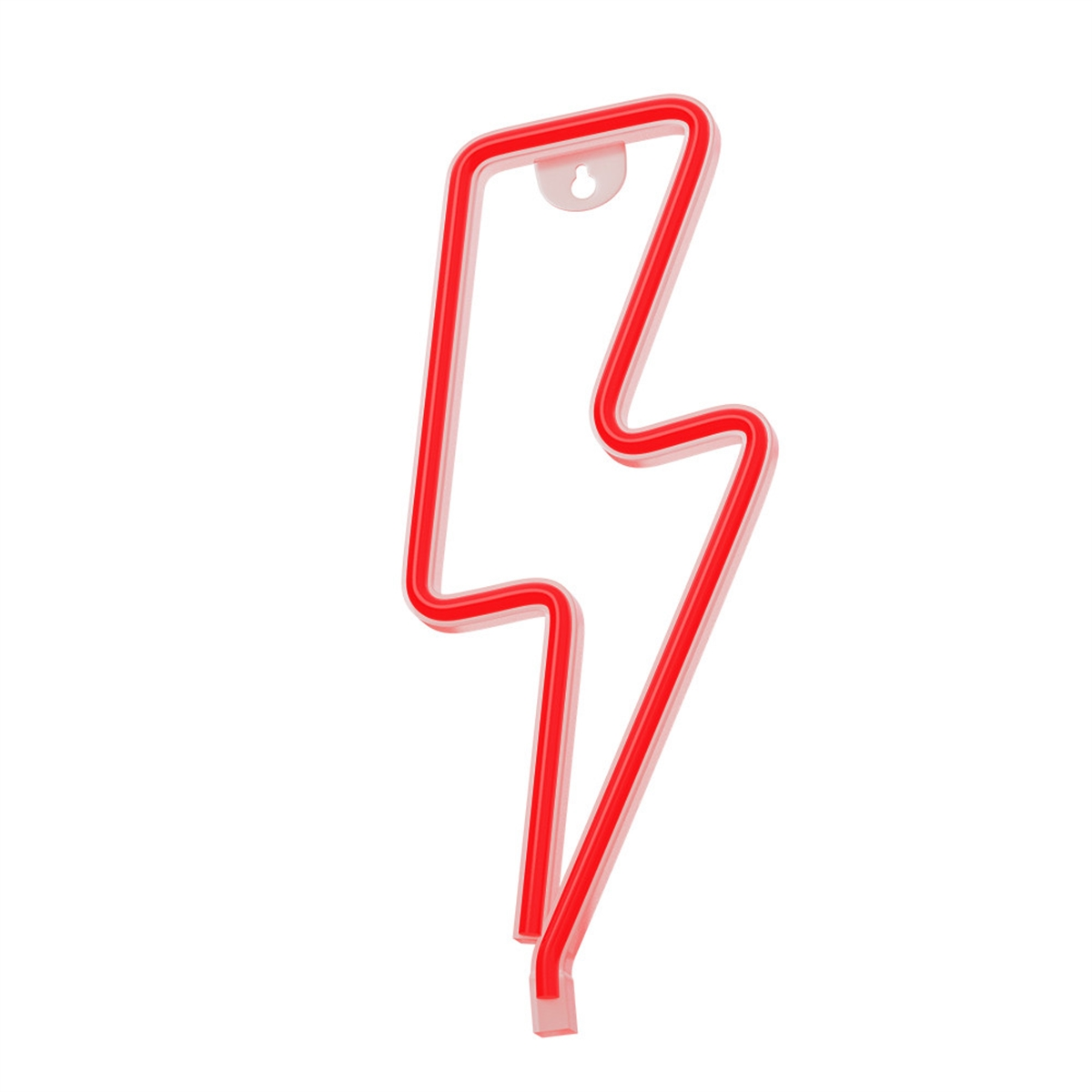 Ein rotes, blitzförmiges Neon-Schild. Es ist an einer weißen Wand montiert.