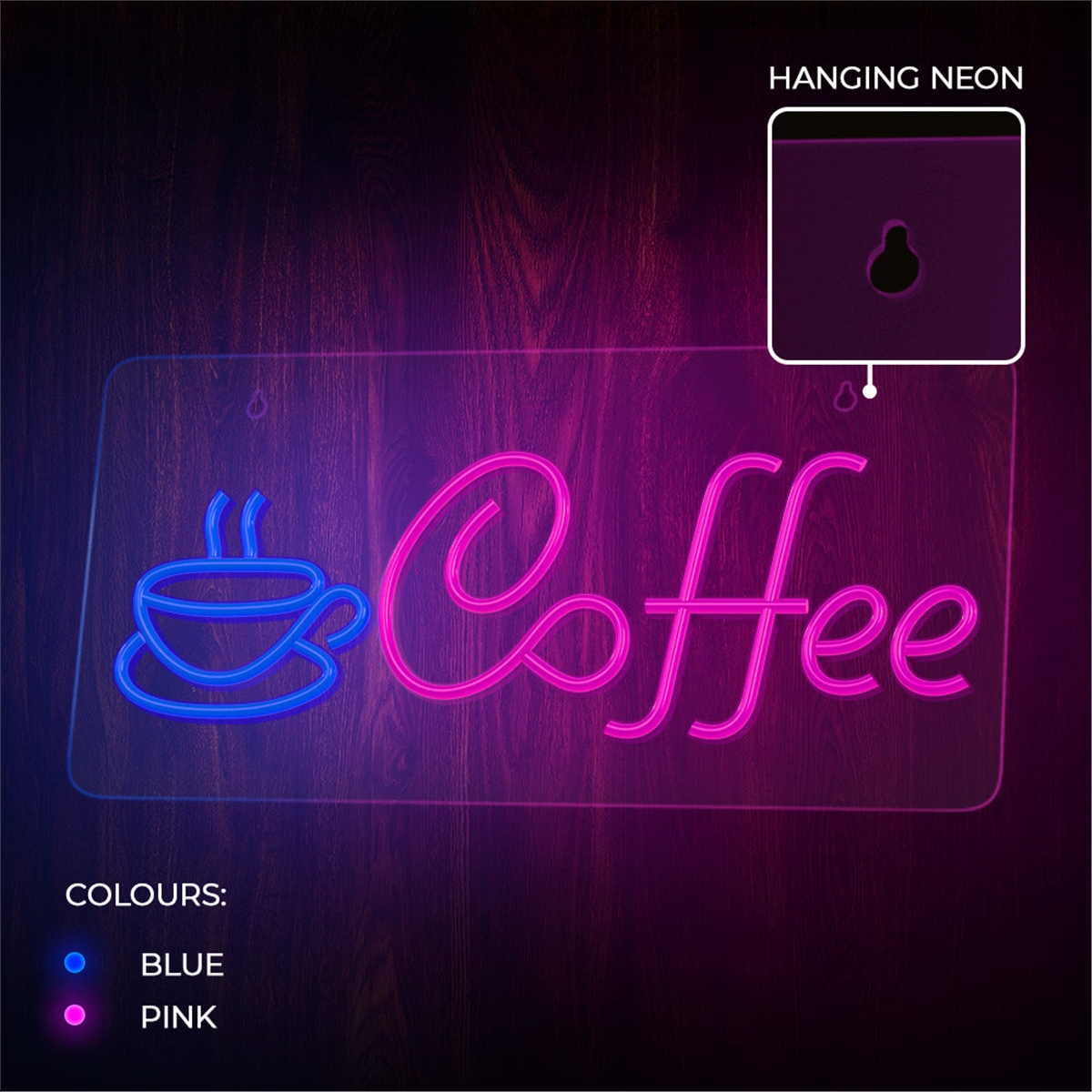 Letrero de neón de café, taza azul y letras rosas. El letrero cuelga de una pared de madera.