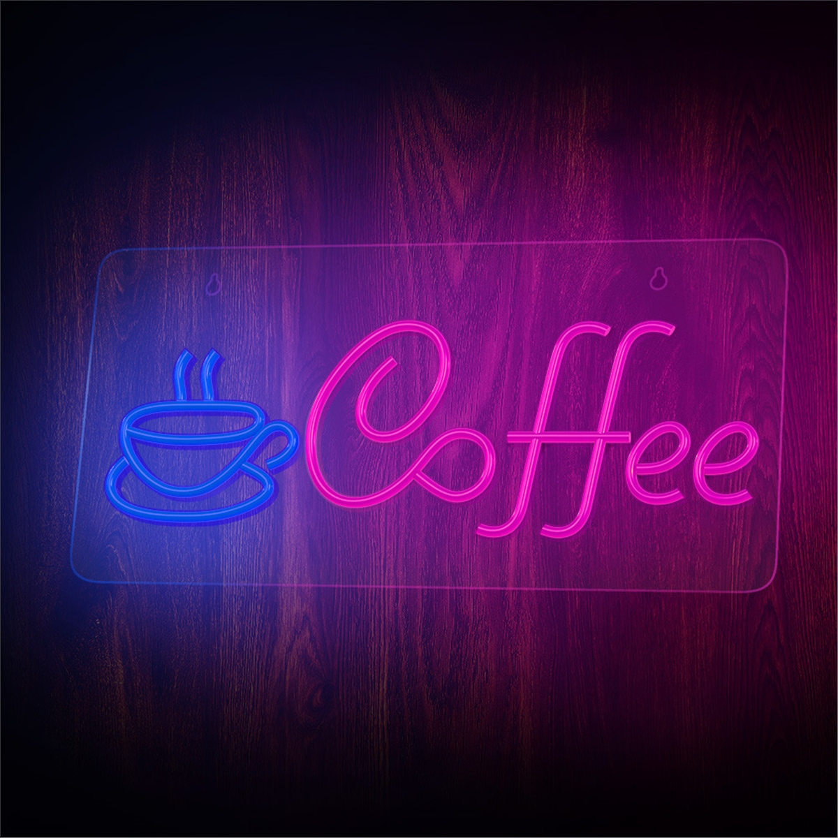 Letrero de neón de café. Taza azul y texto 'Coffee' rosa sobre fondo de madera.