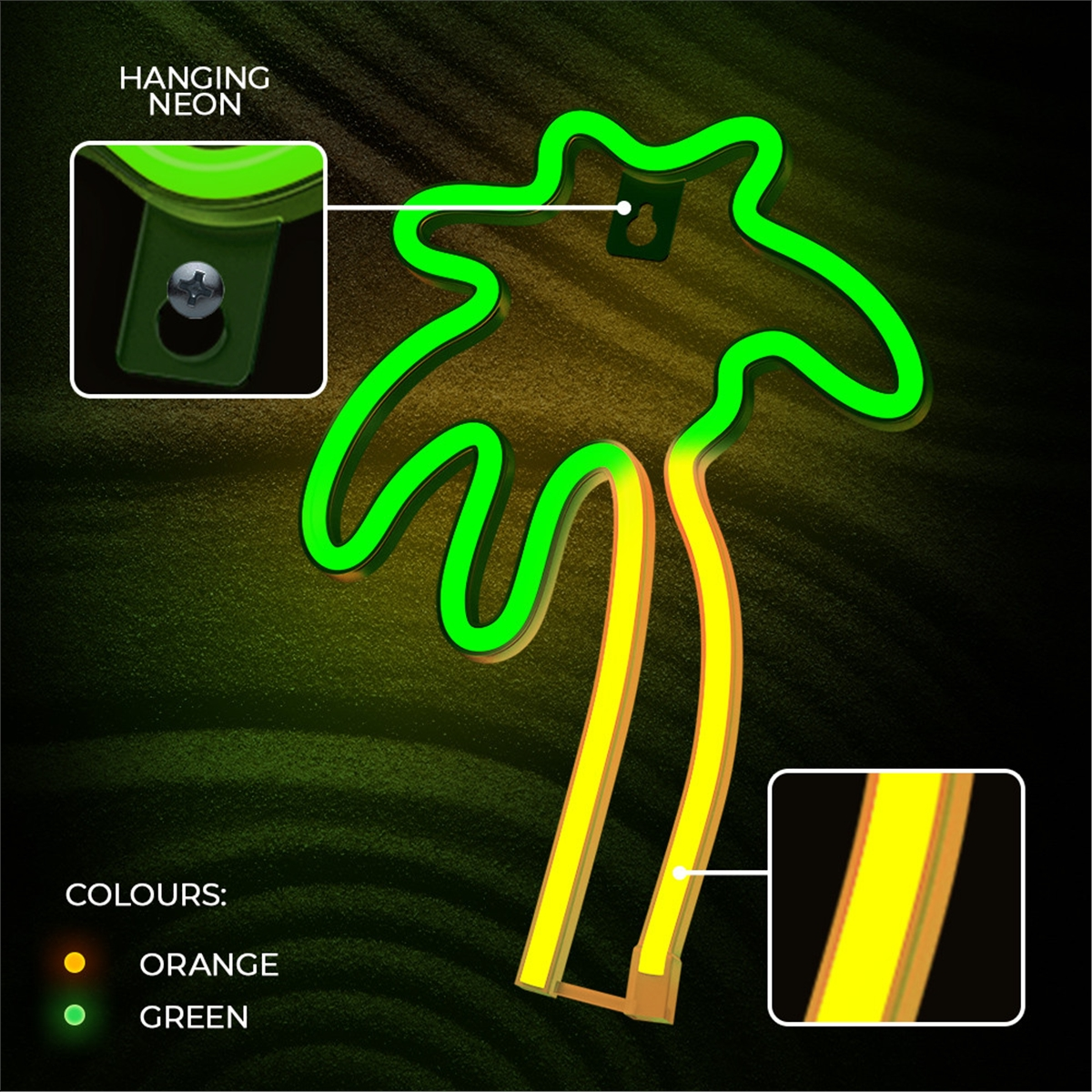 Un letrero de neón de palmera. La palmera es verde con un tronco amarillo. El texto dice "Neón colgante" y "Colores: Naranja y Verde".