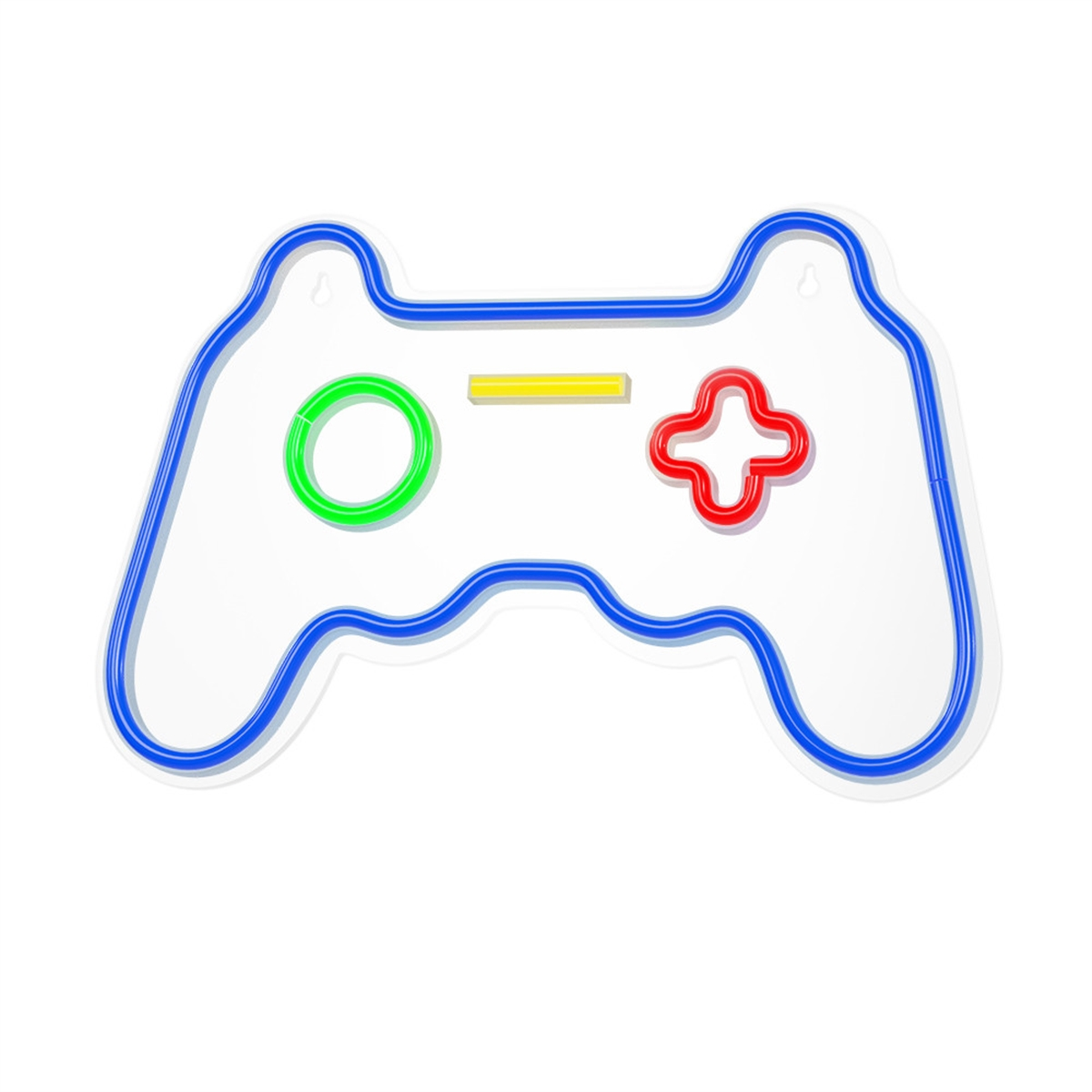 Neon-Spielcontroller-Schild. Mit blauem Umriss, grünem Kreis, gelber Linie und rotem Kreuz.