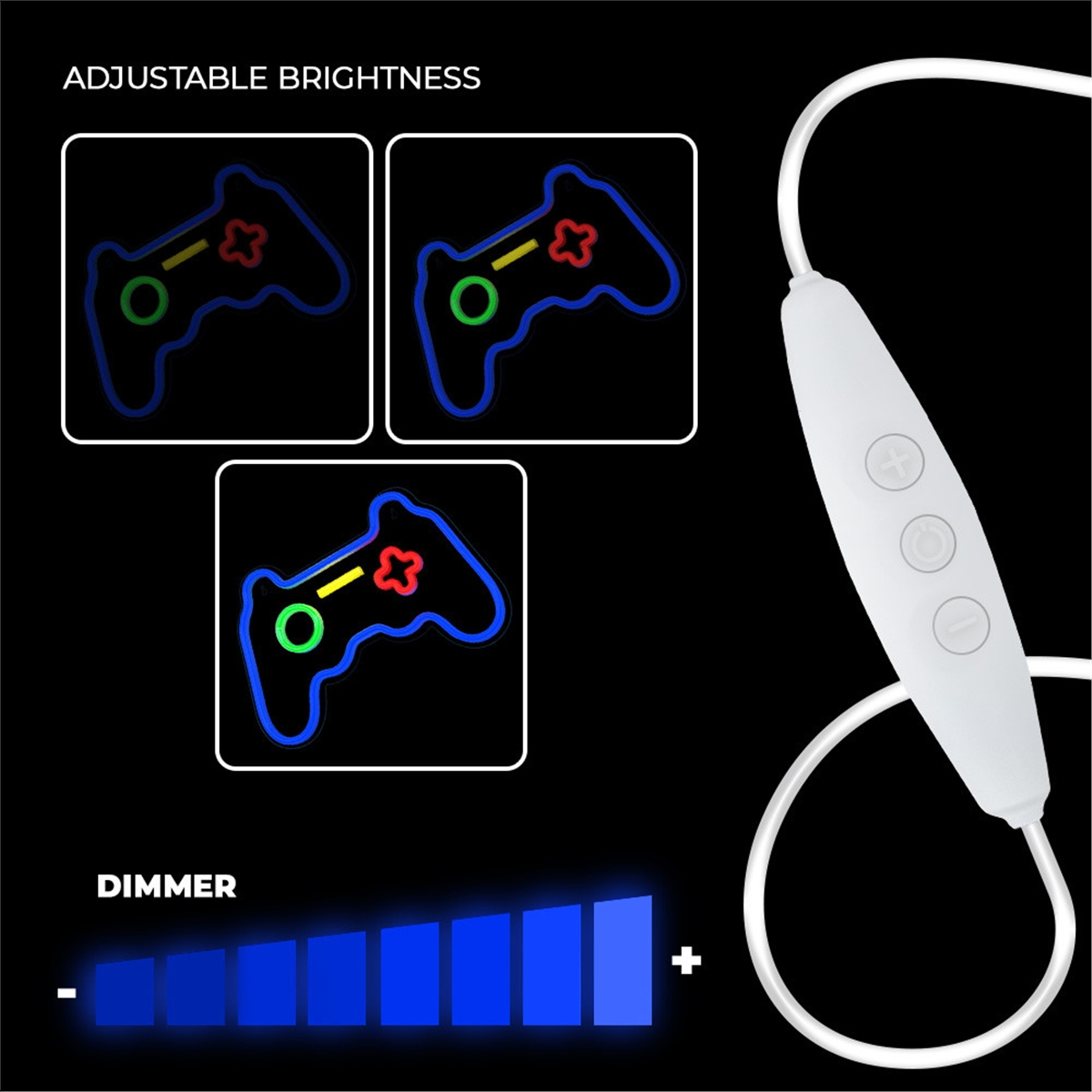 Mehrere Bilder eines Neon-Controllers mit einstellbaren Helligkeitseinstellungen und einem Dimmer.
