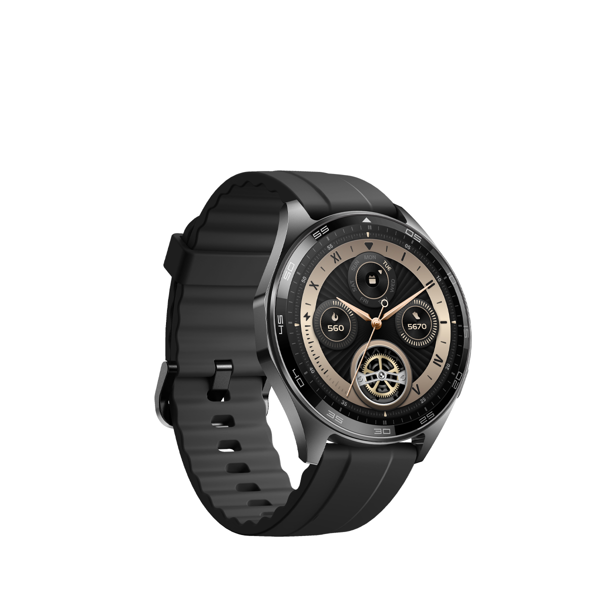 Een zwarte smartwatch met een ronde wijzerplaat en zwarte band.