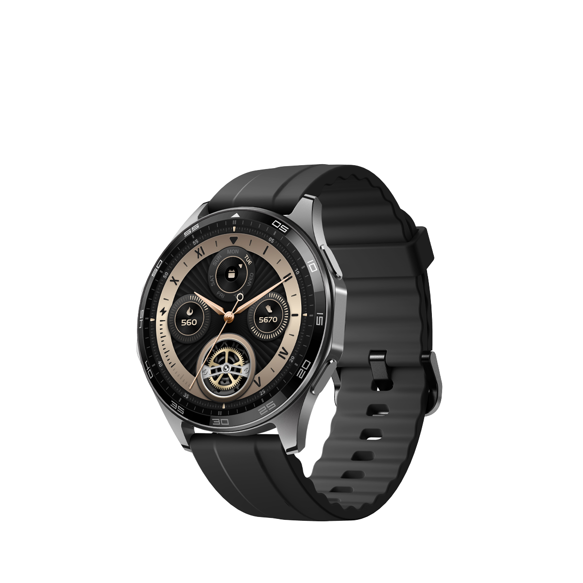 Smartwatch met zwarte band en gouden accenten. Zwarte achtergrond.
