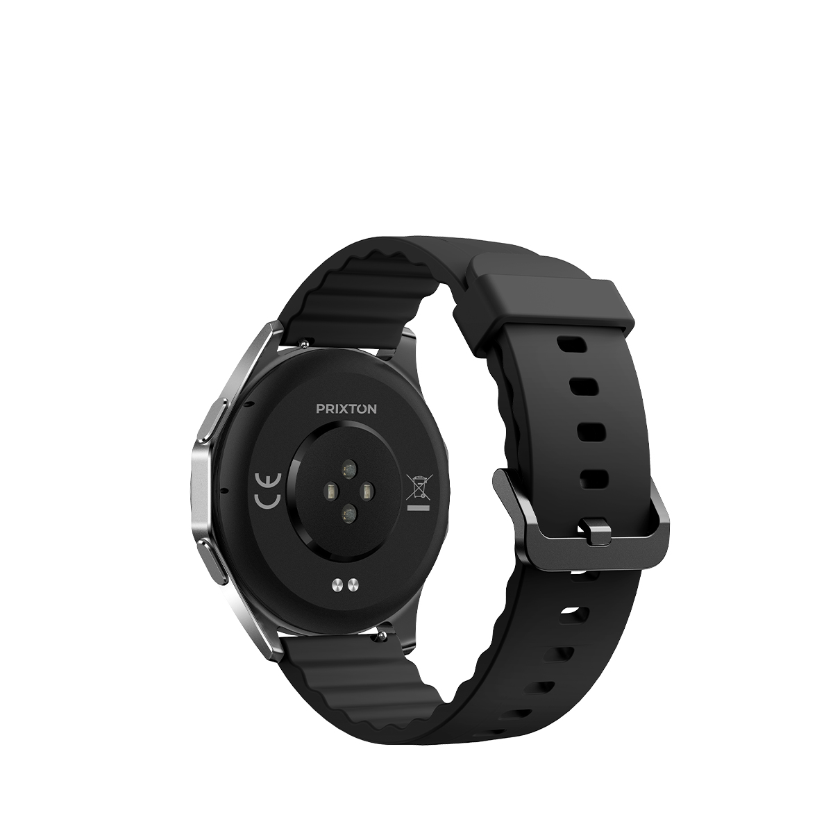 Zwarte smartwatch van achteren gezien, met sensoren en band.