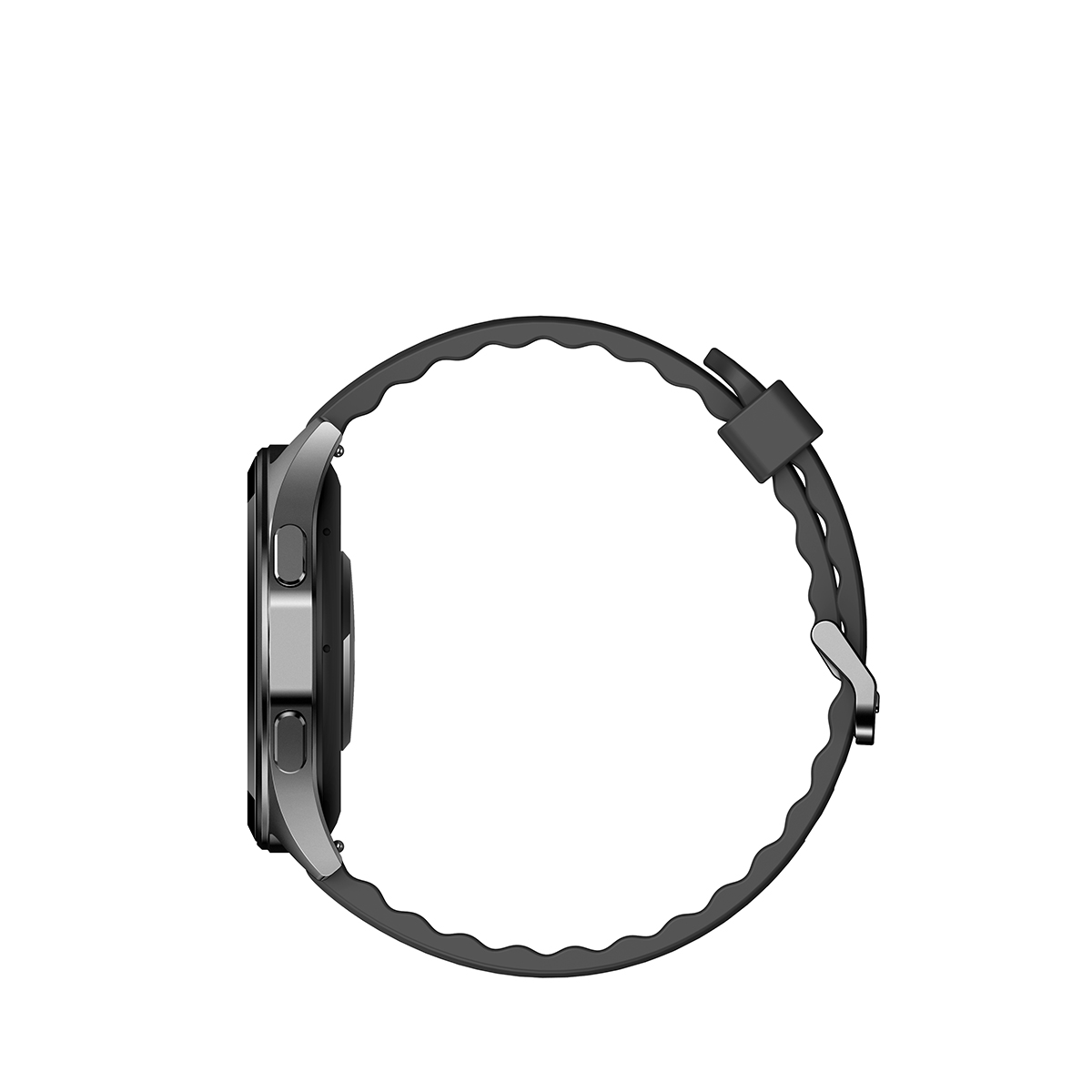 Een zijaanzicht van een smartwatch met een grijze band.