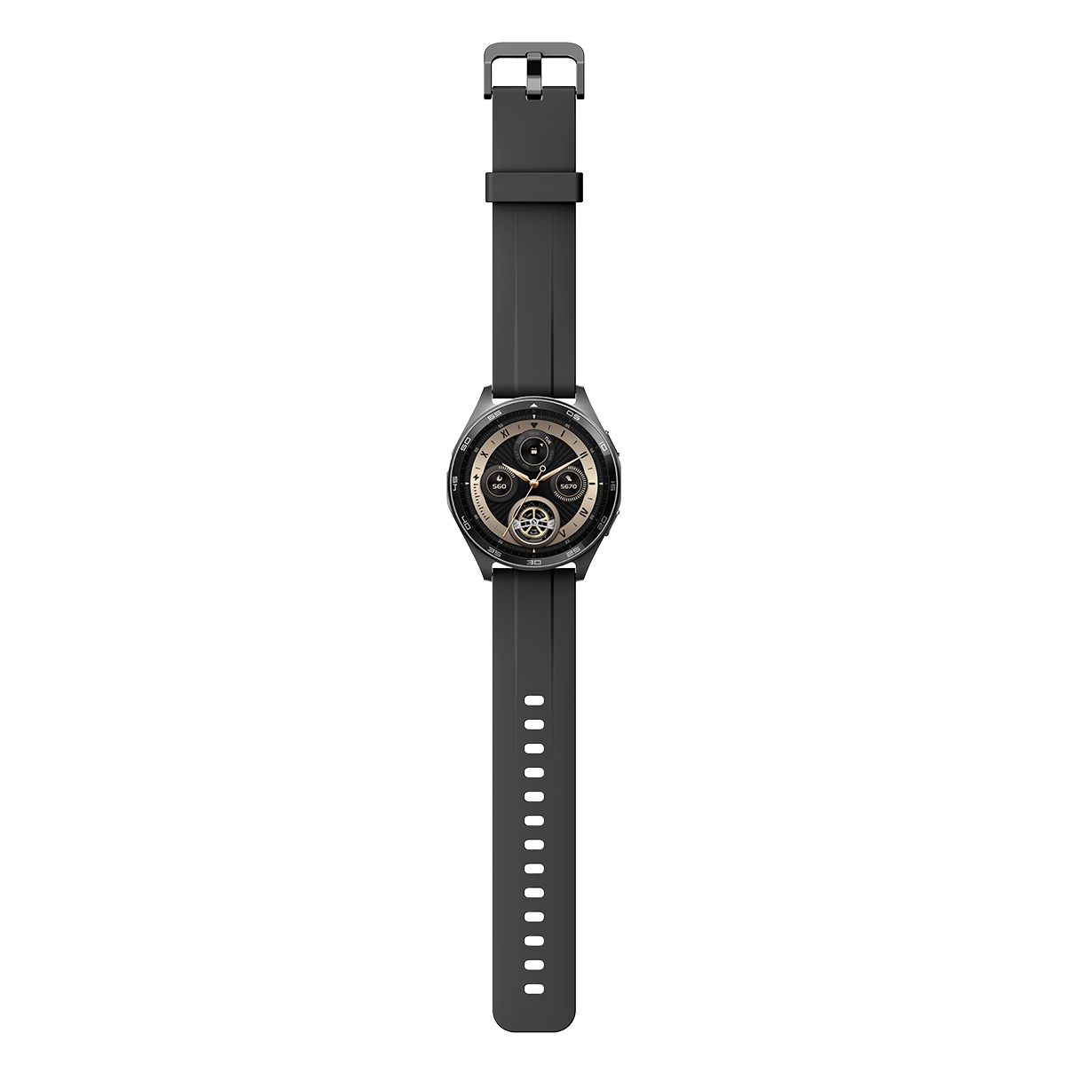 Een zwarte smartwatch met een zwarte band. De wijzerplaat toont een goud en zwart ontwerp. De band is gedetailleerd.