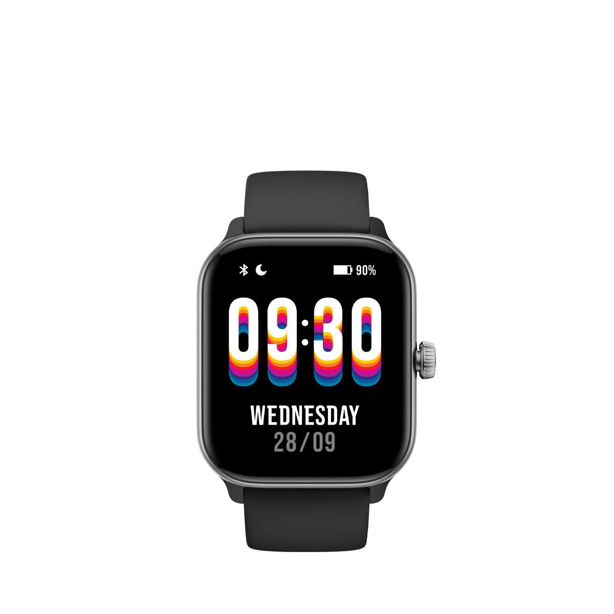 Czarny smartwatch z kolorowym wyświetlaczem na białym tle.