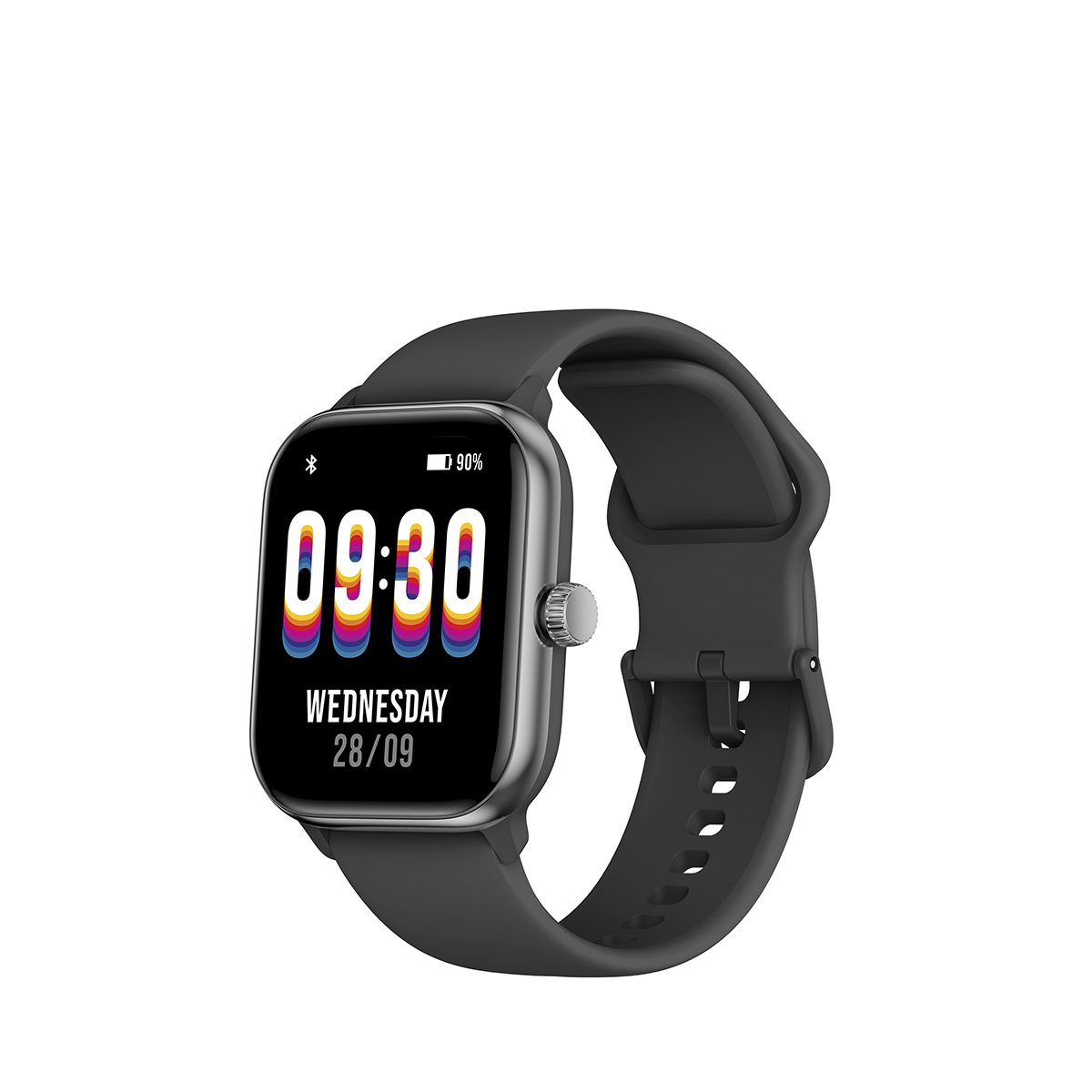 Czarny smartwatch z wyświetlaczem pokazującym godzinę i baterię. Pasek jest czarny, a tło białe.