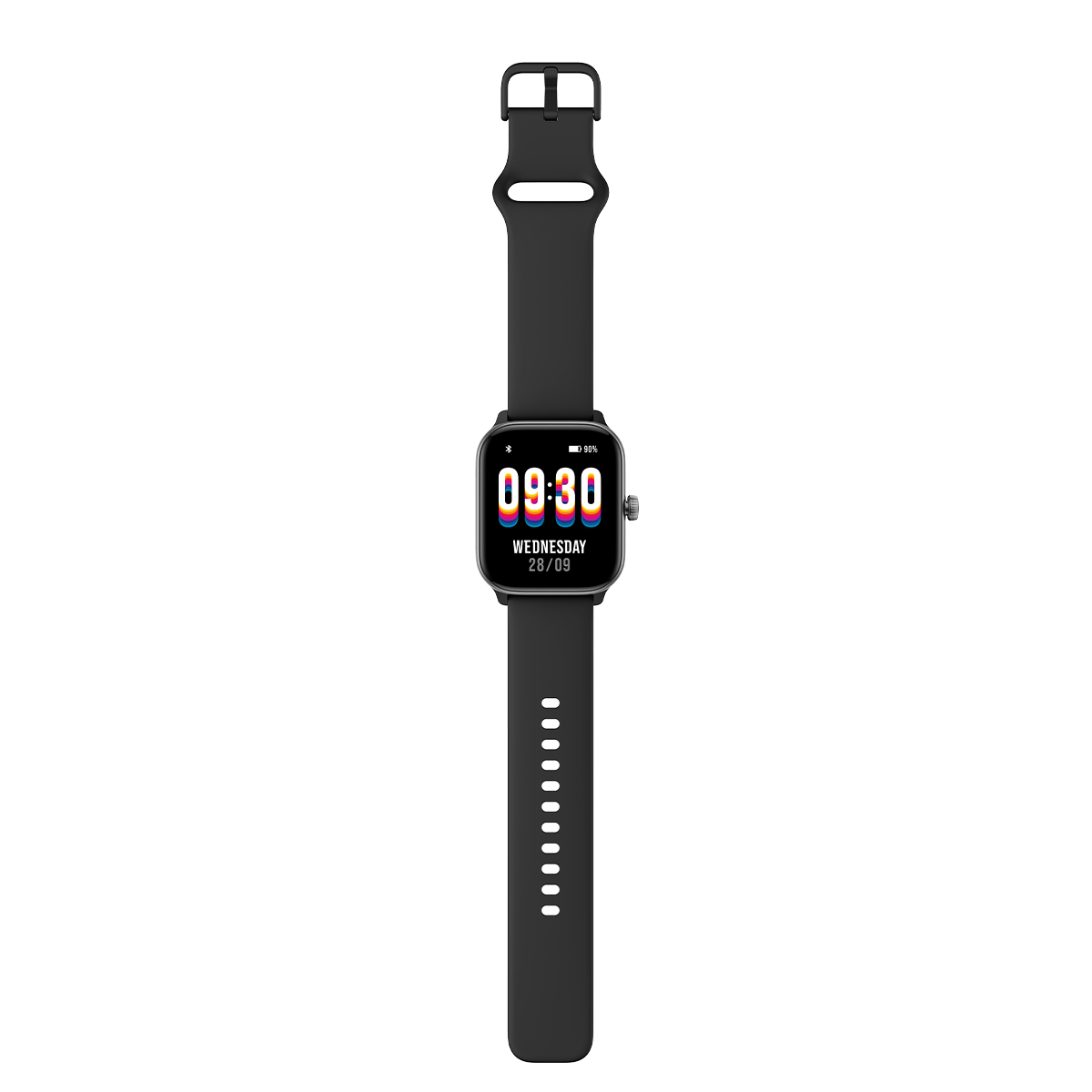 Czarny smartwatch wyświetla godzinę 09:30 i środę na ekranie. Zegarek ma czarny pasek.