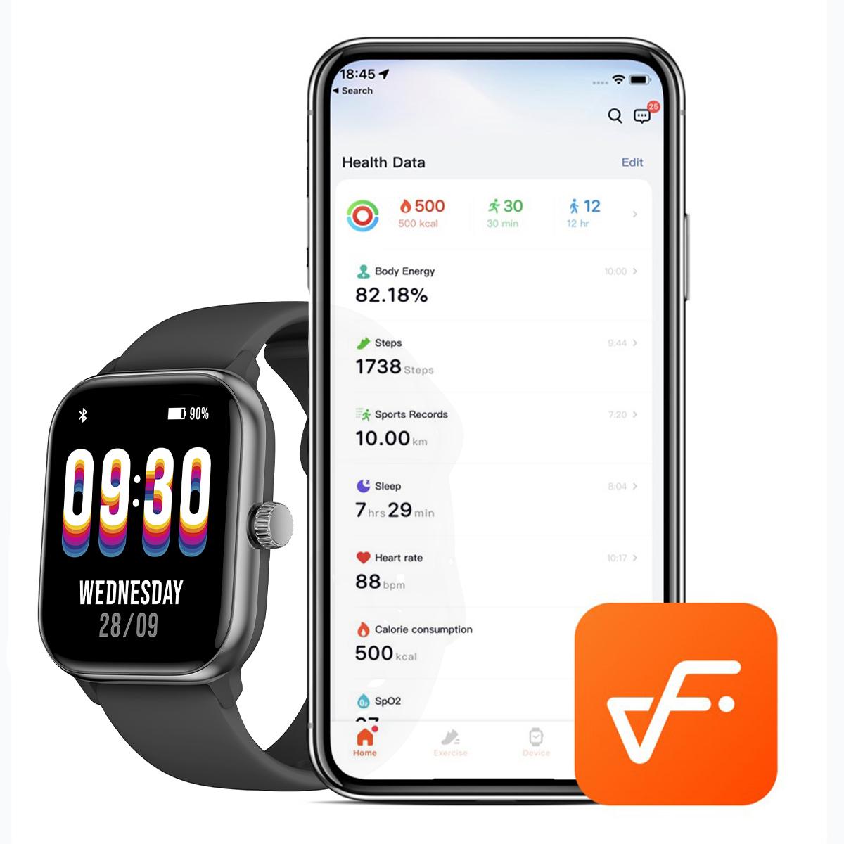 Smartwatch wyświetla dane zdrowotne. Telefon pokazuje interfejs aplikacji ze statystykami i pomarańczową ikoną.