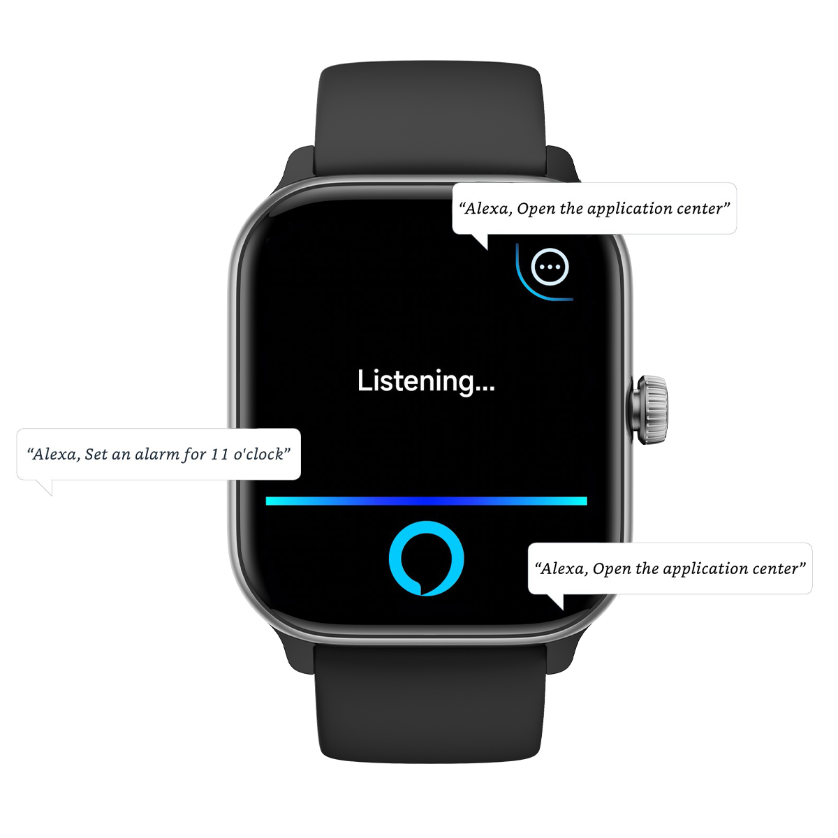 Smartwatch z czarnym paskiem wyświetla dymki tekstowe i nasłuchuje poleceń.