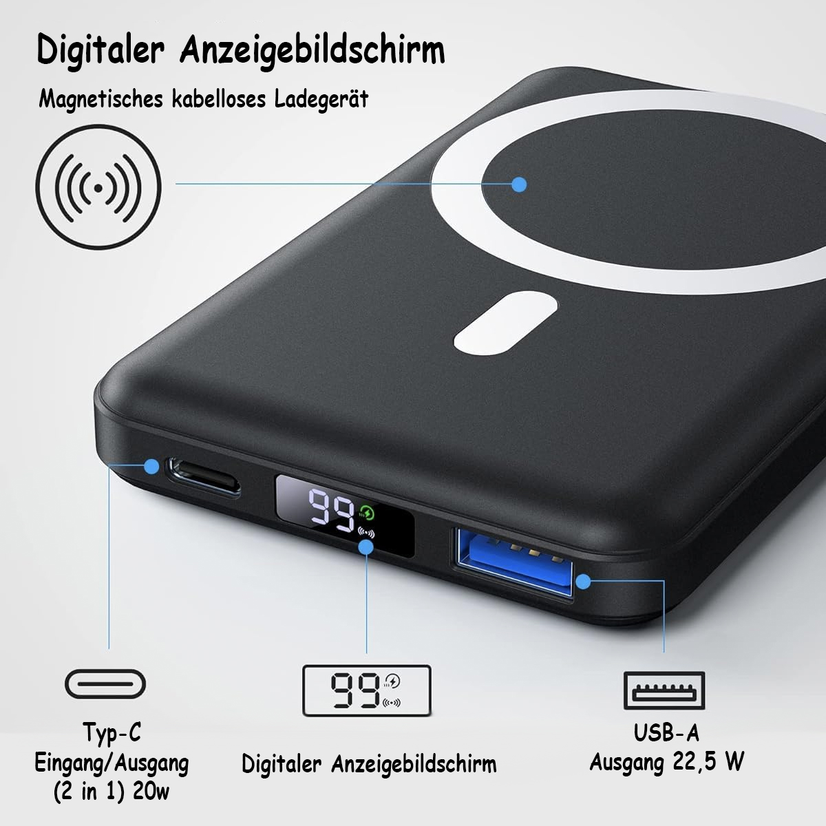 Schwarze Powerbank mit digitaler Anzeige und Beschriftungen. Auf weißem Grund.