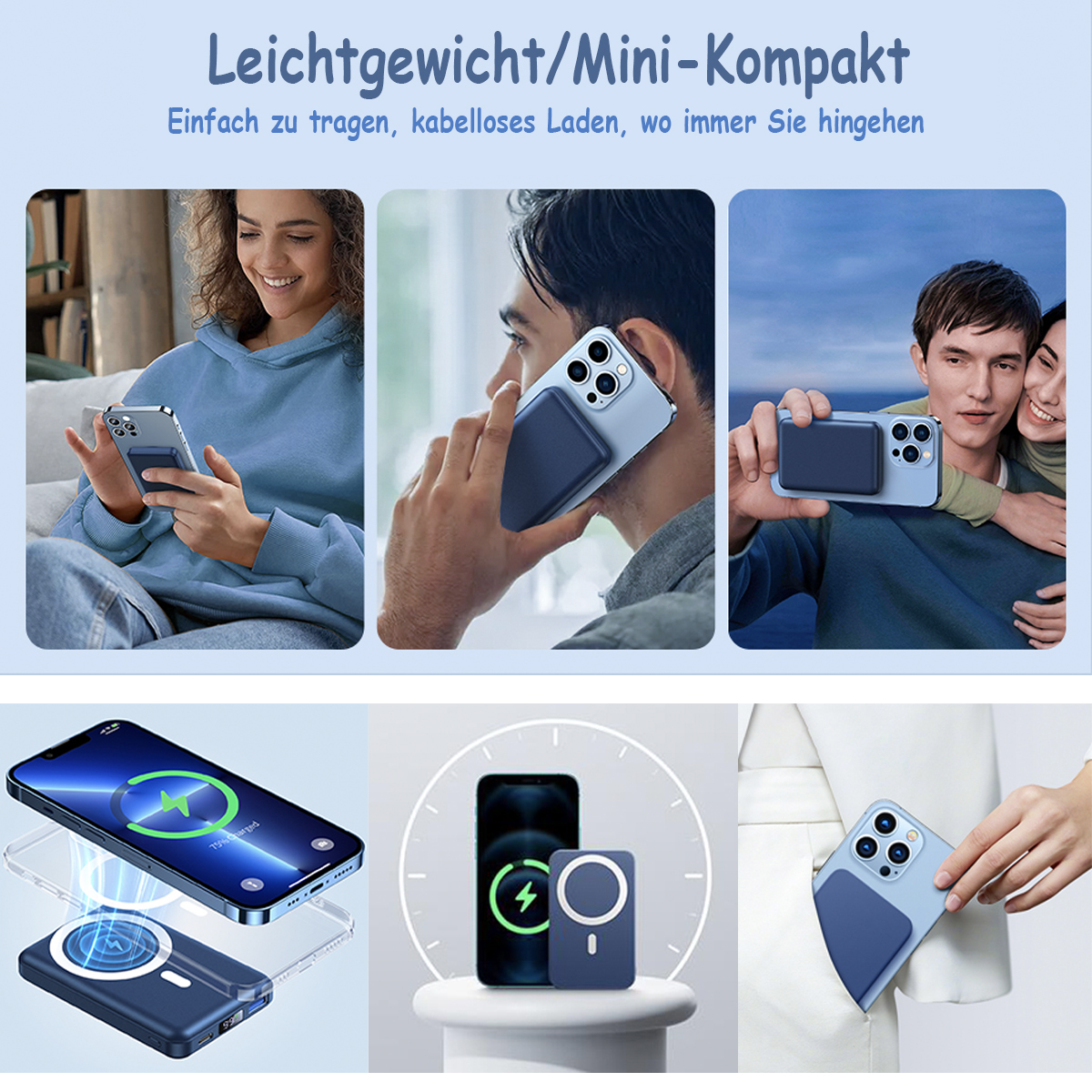 Personen, die Telefone mit magnetischem Ladezubehör verwenden. Verschiedene Einstellungen.