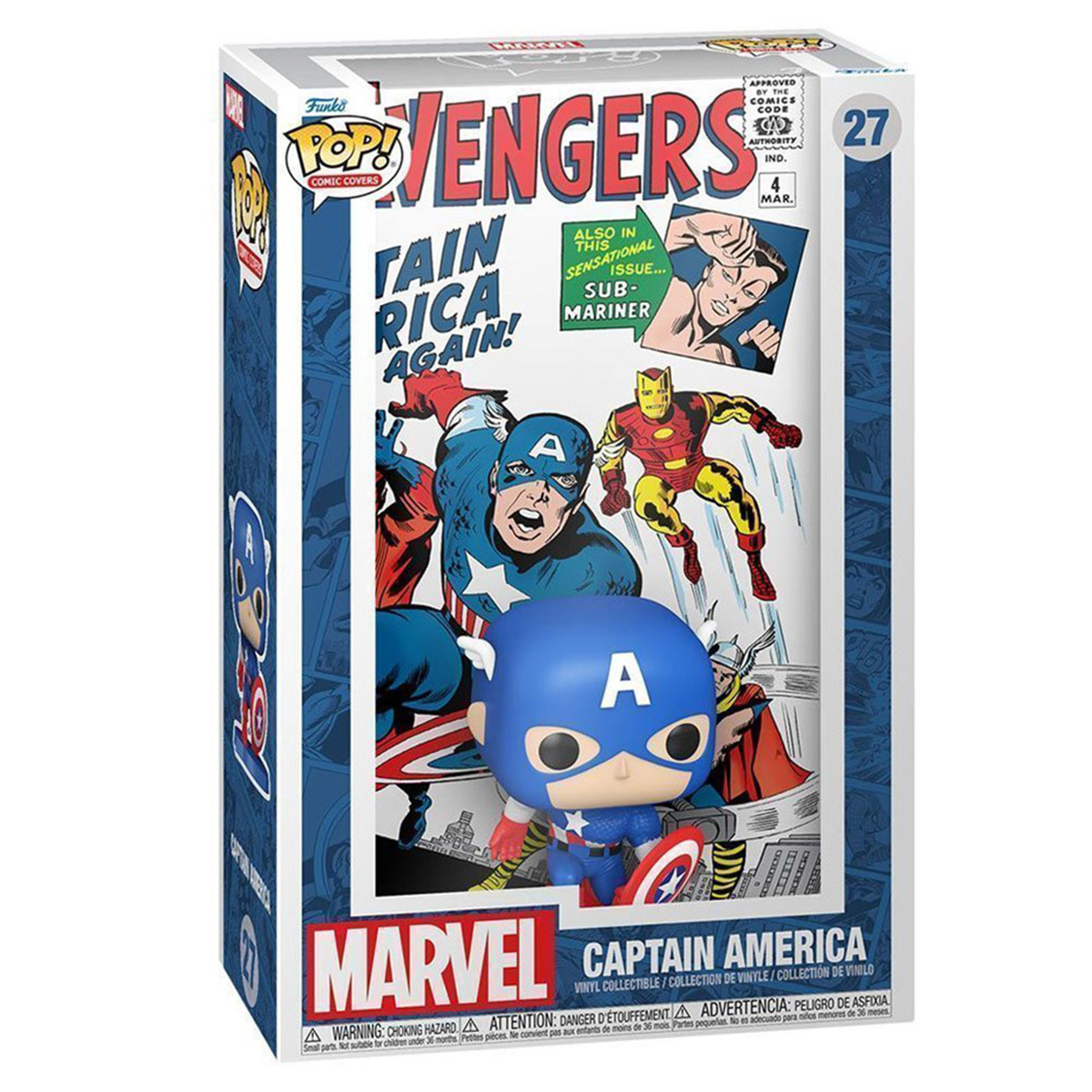 Una figura Funko Pop di Captain America in una scatola con arte a fumetti.