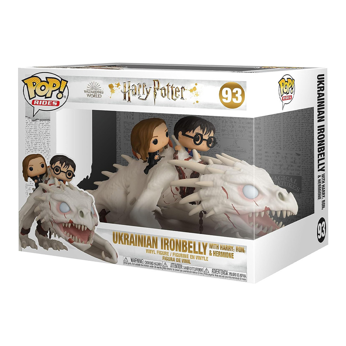 Scatola Funko Pop di personaggi di Harry Potter. Mostra i personaggi sul drago Ironbelly ucraino.