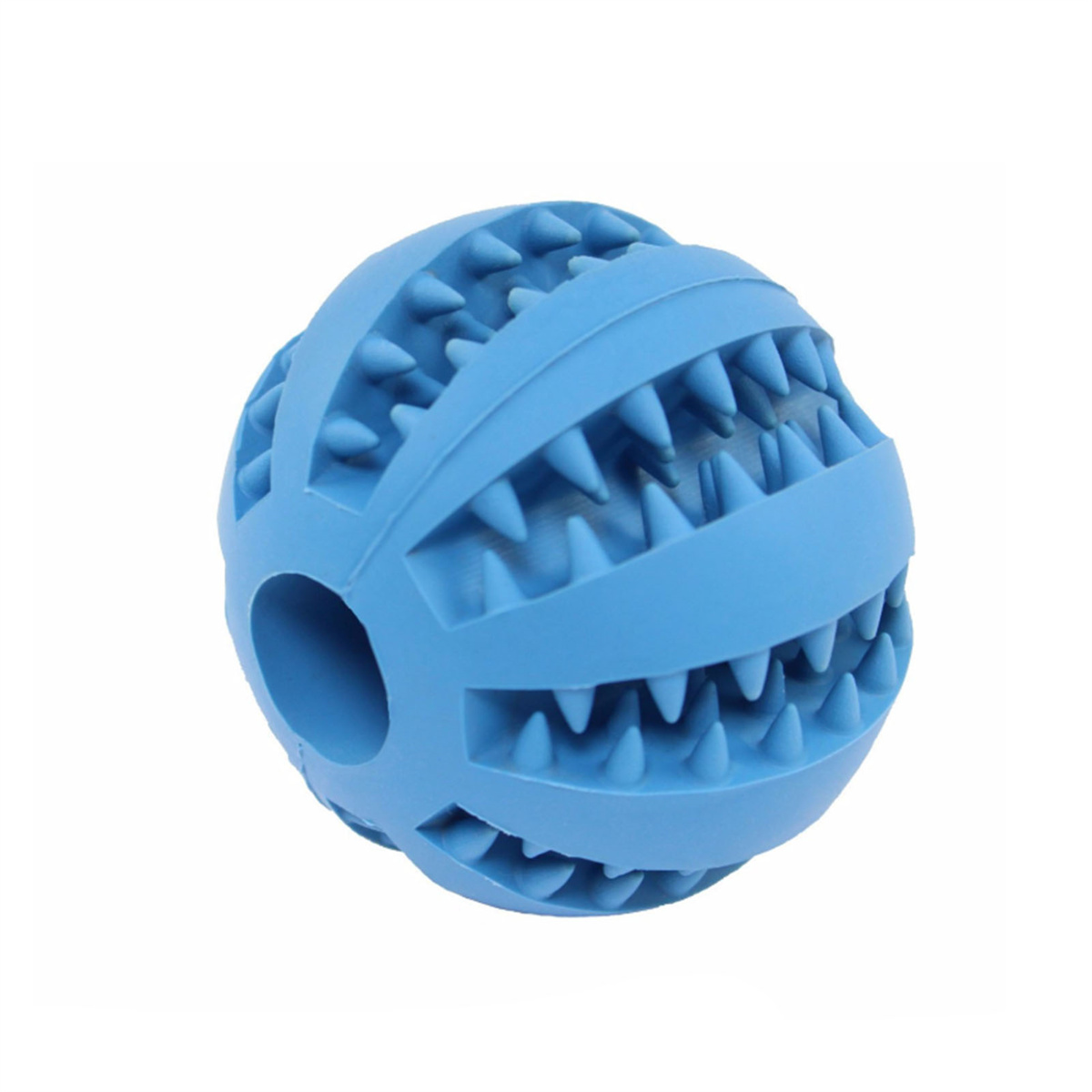 Blaues Hundespielzeug mit Stacheln. Es hat ein Loch auf einer Seite. Zum Kauen entworfen.