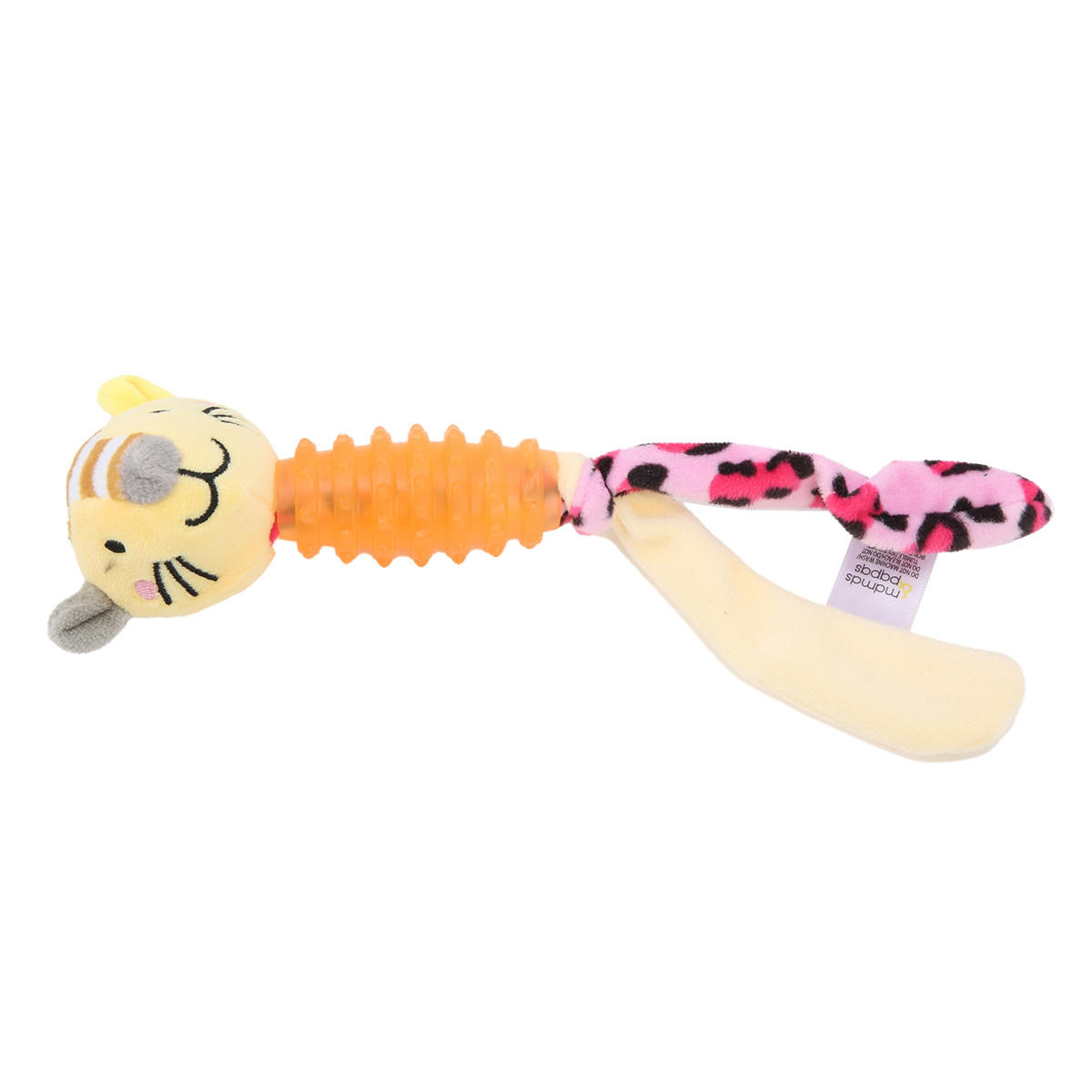 Ein Katzenspielzeug mit gelbem Kopf und einem rosa-schwarzen Schwanz. Es ist auf weißem Hintergrund.