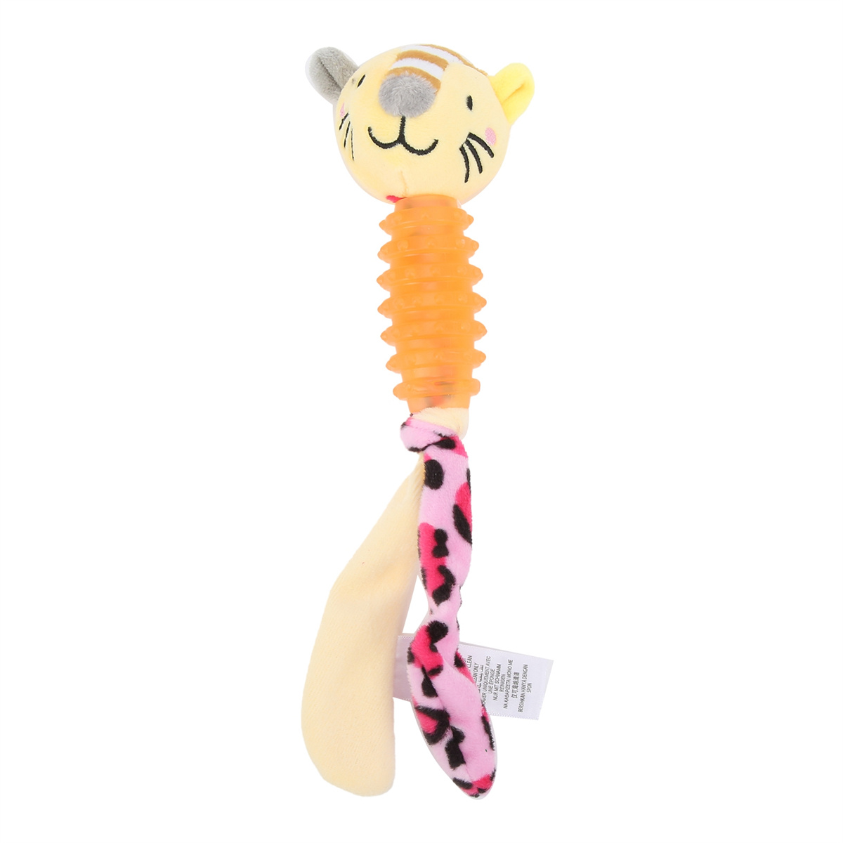 Tigergesicht-Babyspielzeug, orange strukturierte Mitte, rosa und weißer Leopardenmuster-Schwanz.