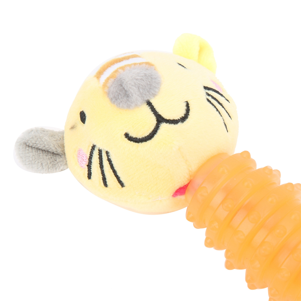 Gelbes Plüschtier mit Katzenkopf und einem orangefarbenen, gerippten Griff.