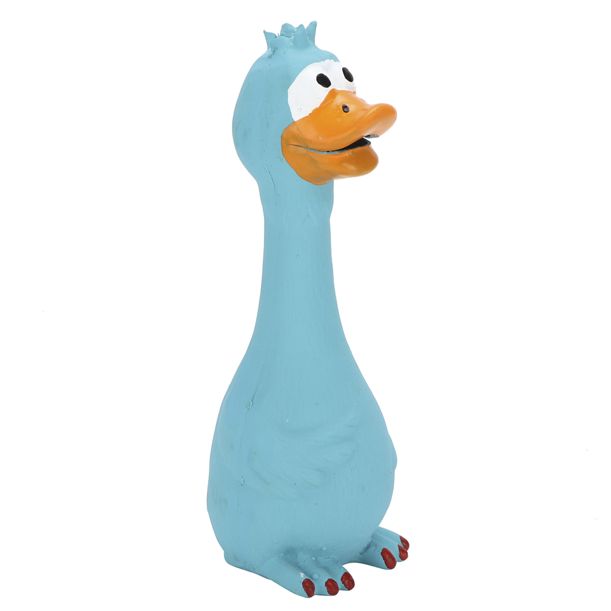 Eine blaue Spielzeugente mit orangefarbenem Schnabel und einem lächelnden Gesicht, auf weißem Untergrund.